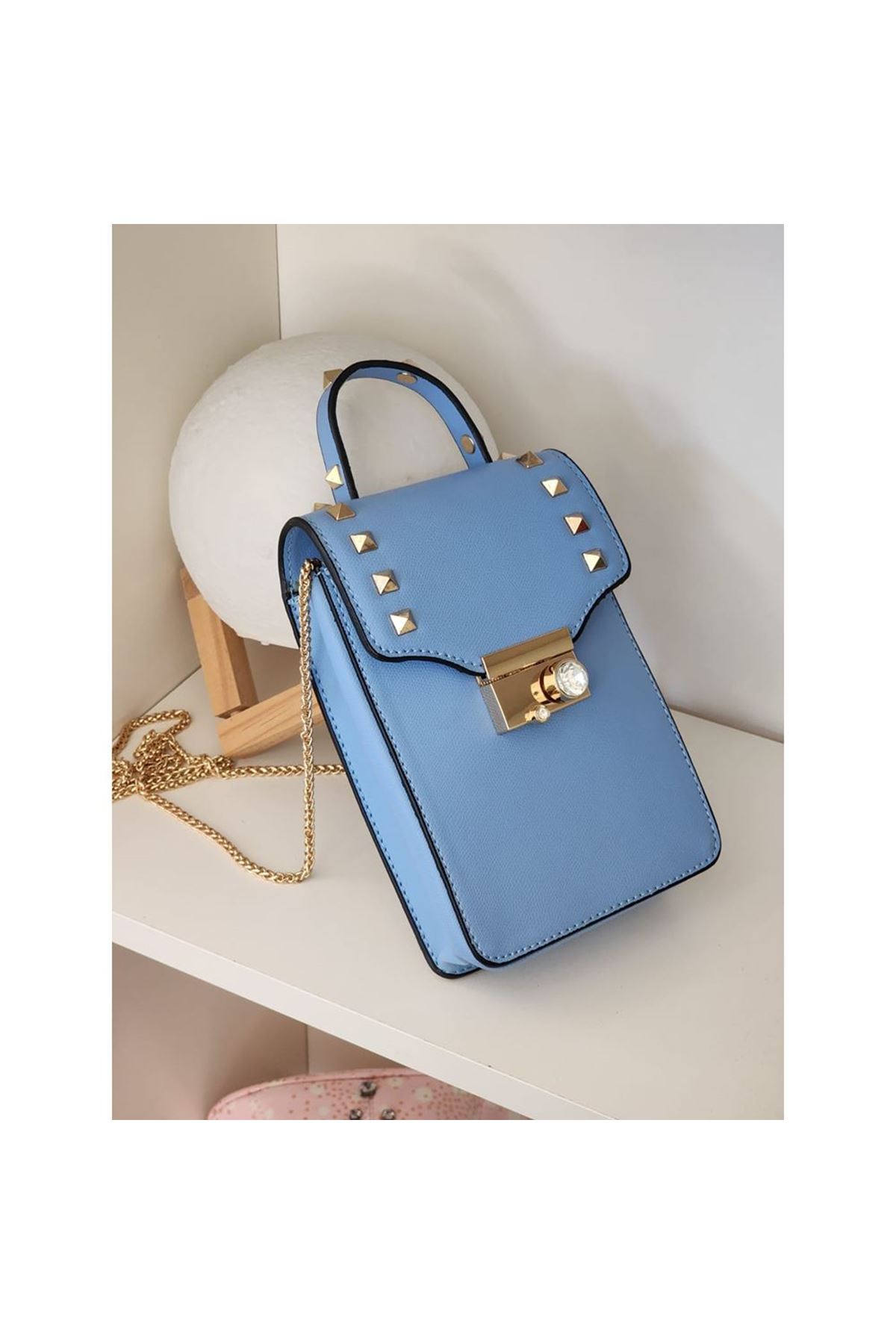 Kadın Mavi Kristal Taşlı Telefon Çantası