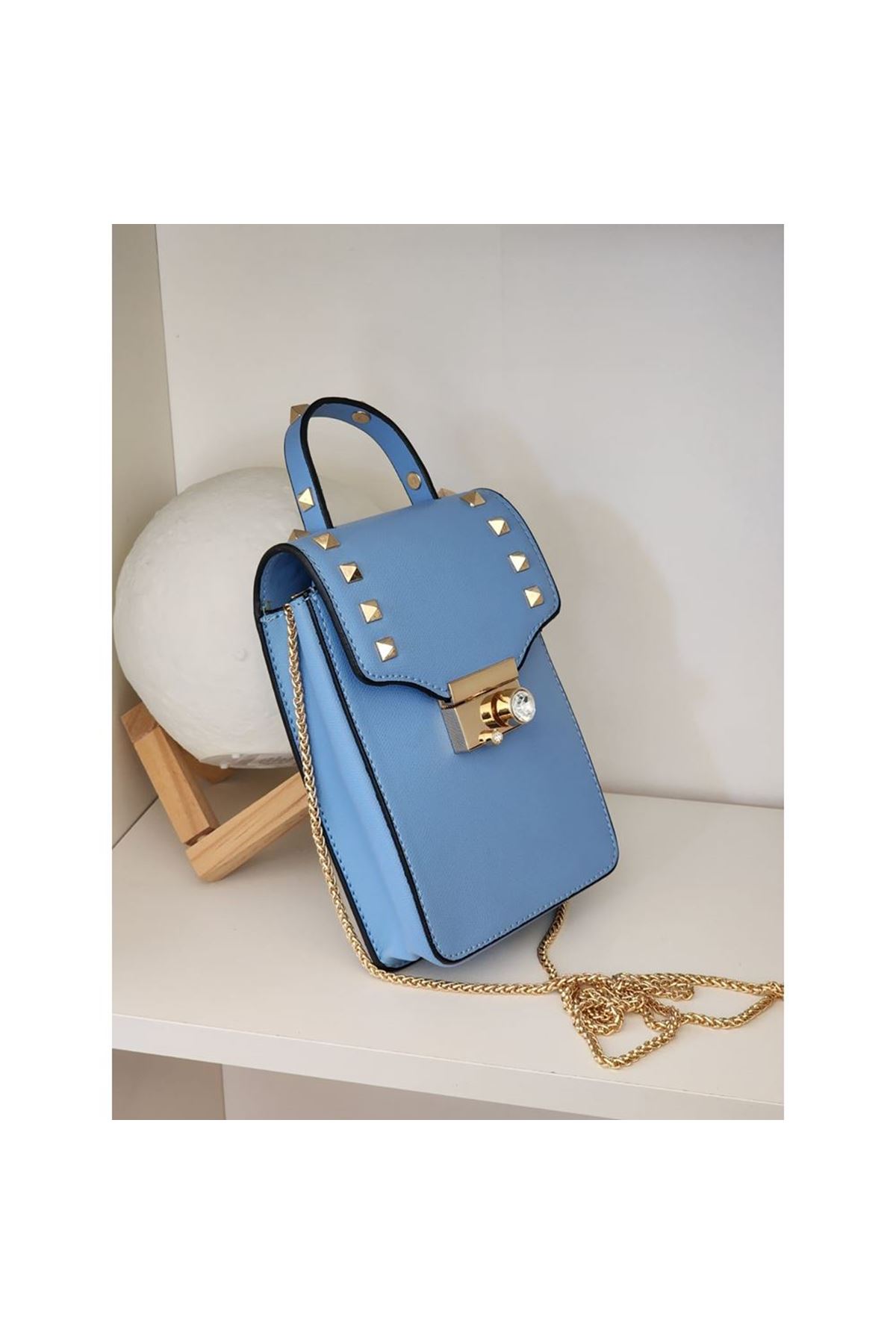 Kadın Mavi Kristal Taşlı Telefon Çantası
