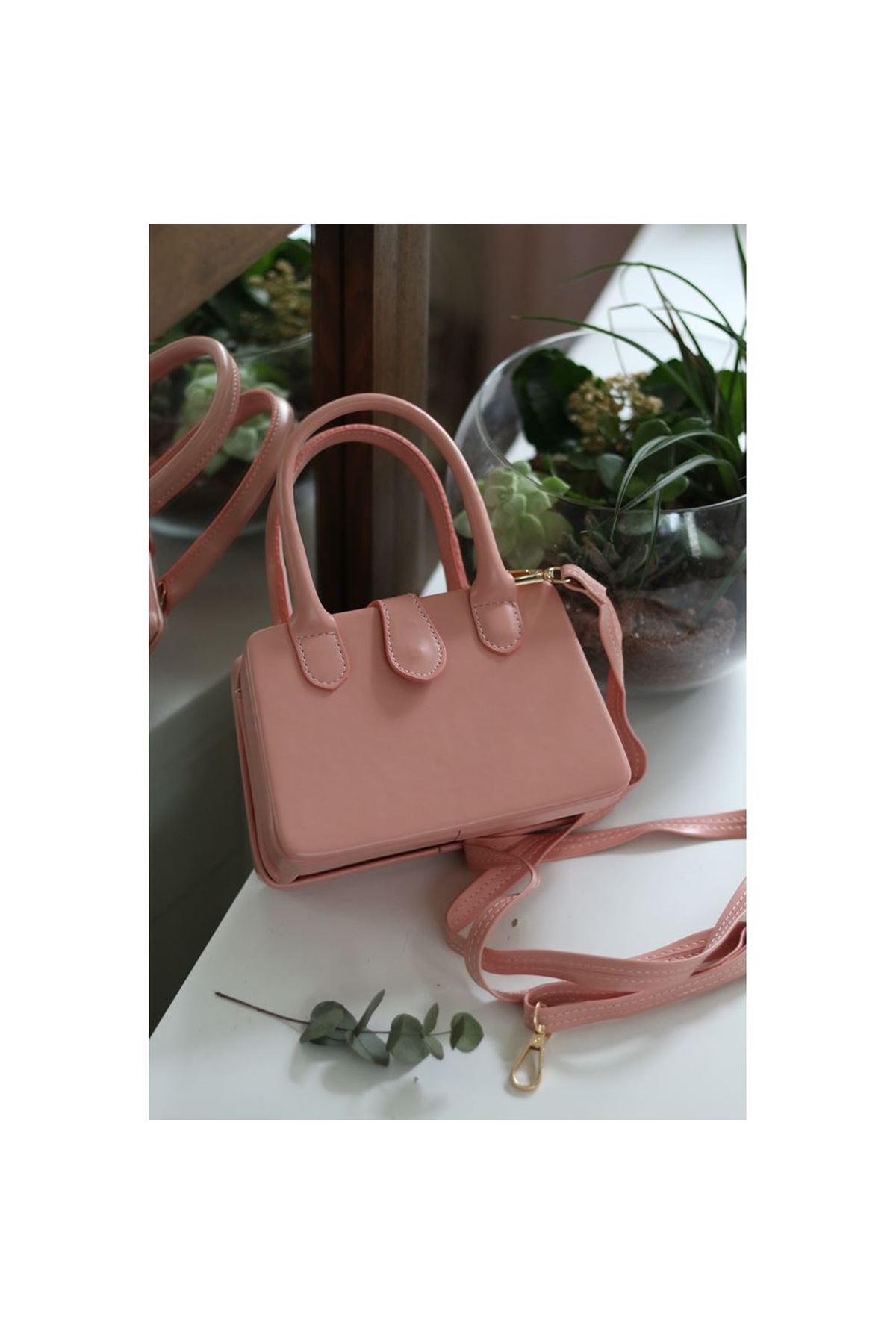 Kadın Pudra Çift Kulp Detaylı Mini Kalıp Omuz Çantası