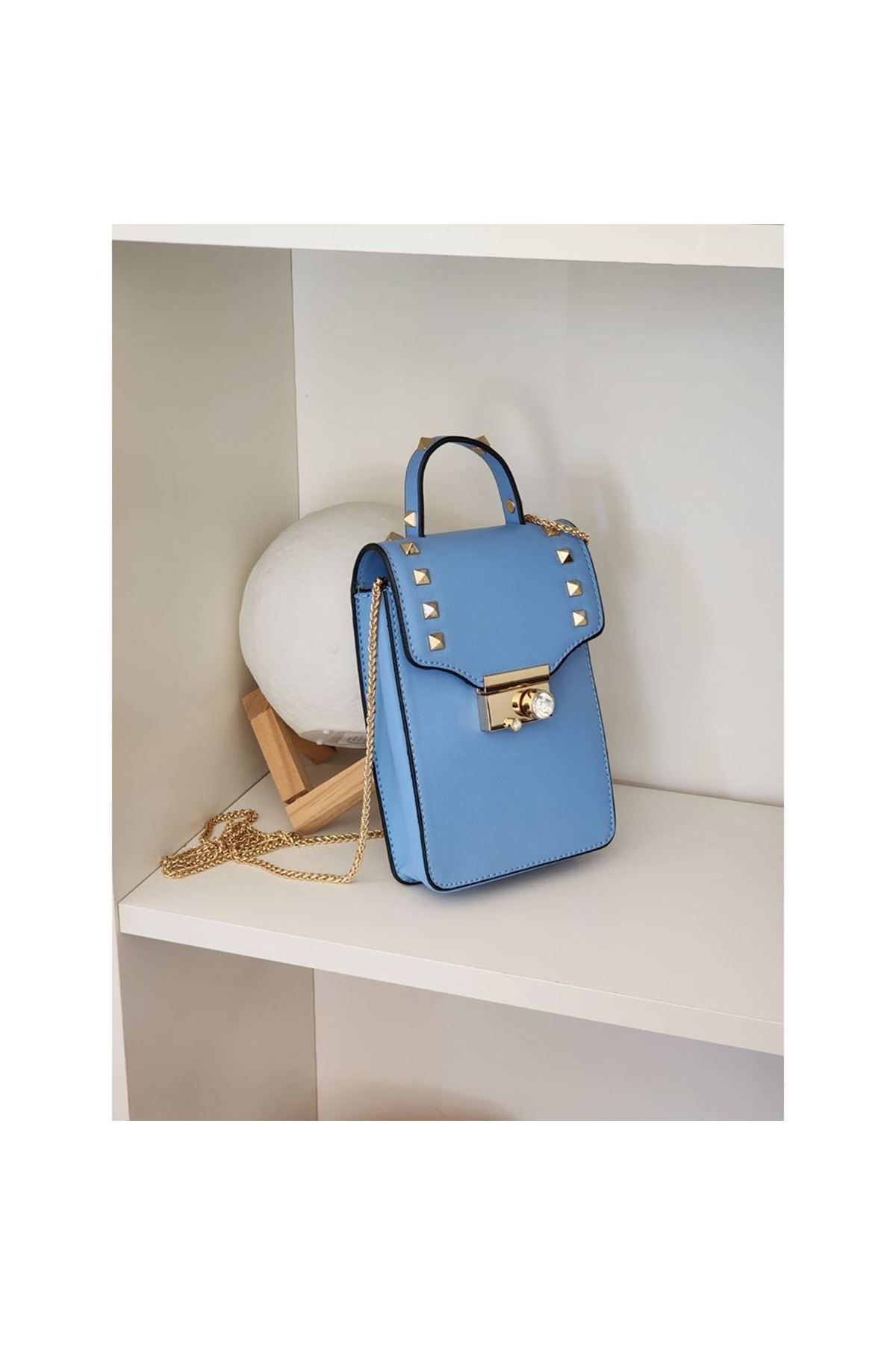 Kadın Mavi Kristal Taşlı Telefon Çantası