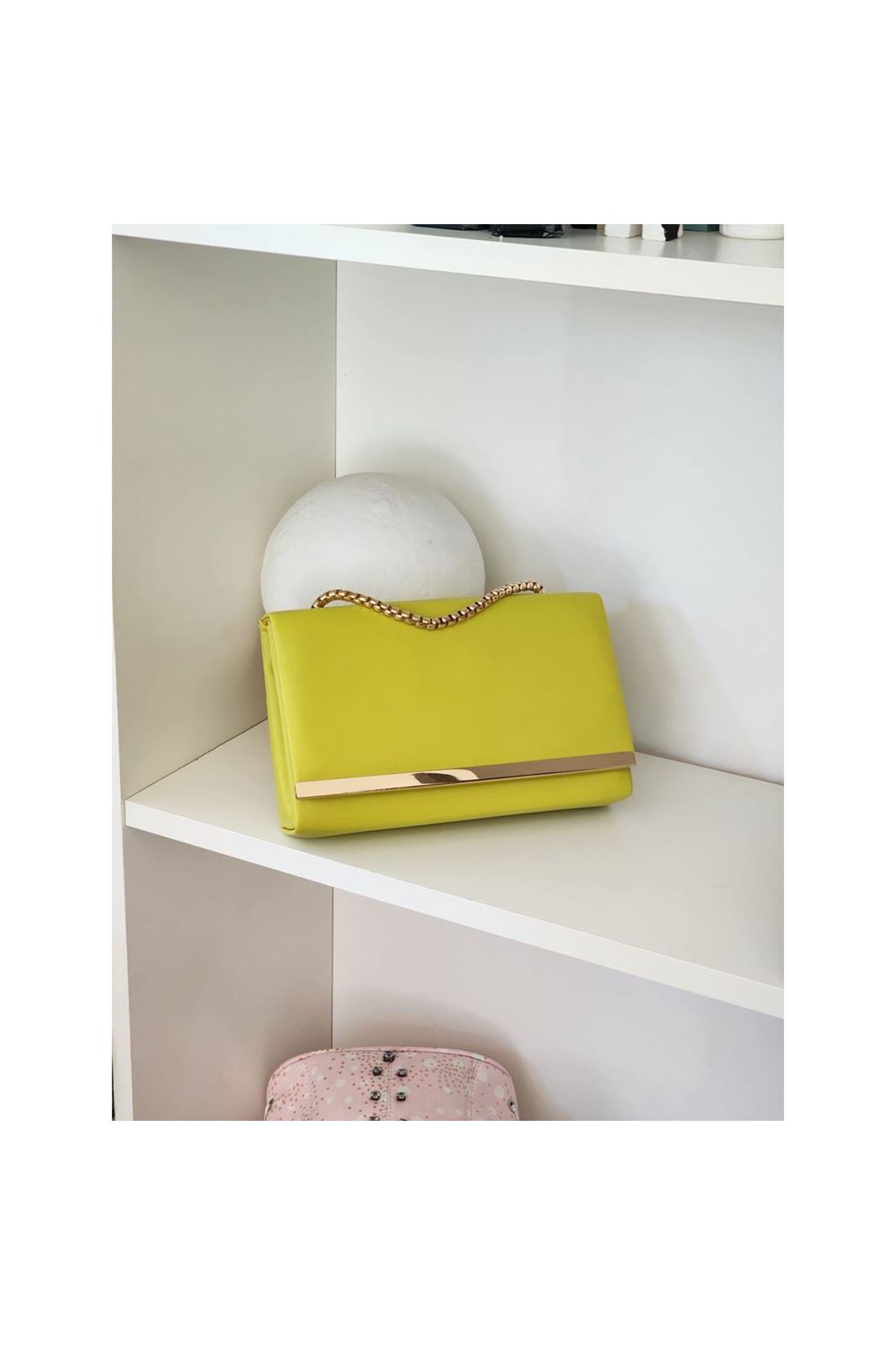 Kadın Neon Yeşil Şerit Detaylı Zincirli Omuz Çantası