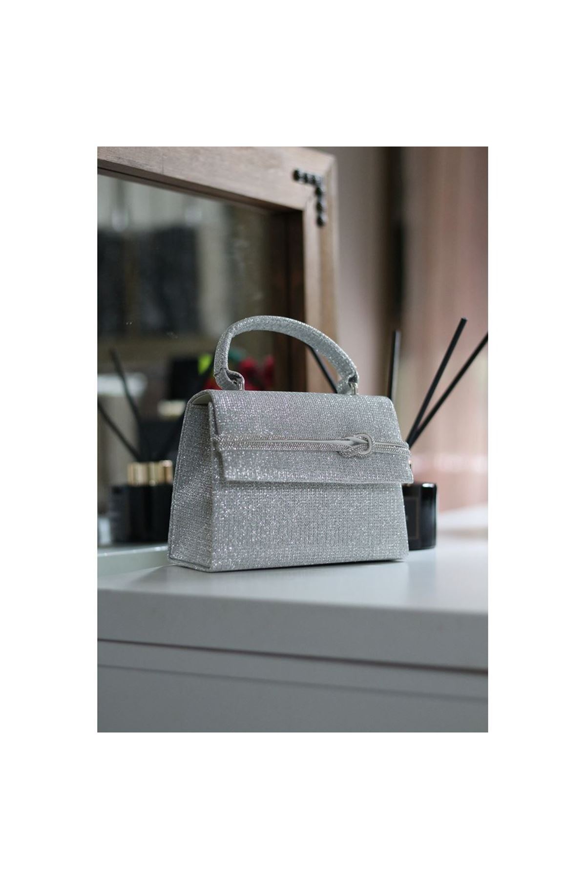 Kadın Simli Silver Taş Detaylı Abiye Omuz Çantası