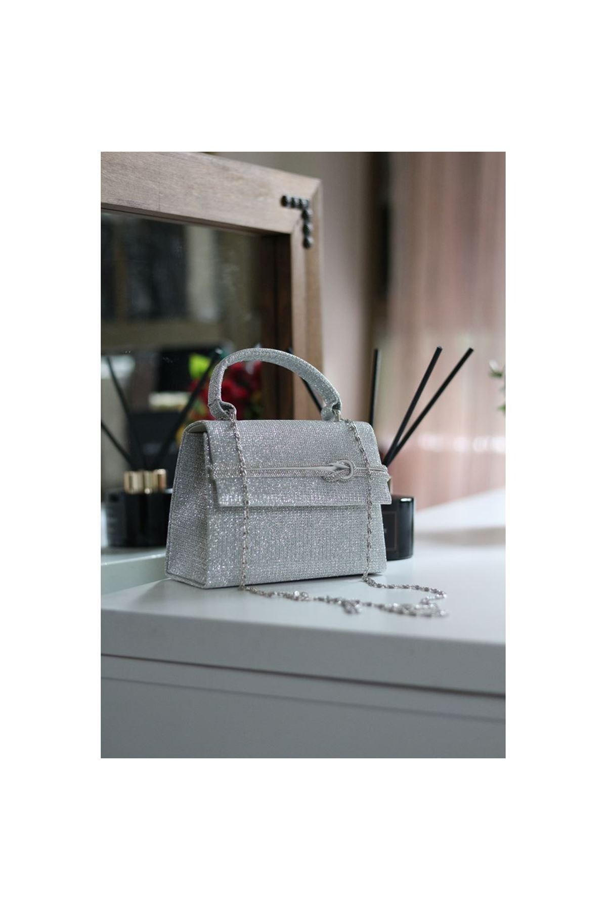 Kadın Simli Silver Taş Detaylı Abiye Omuz Çantası