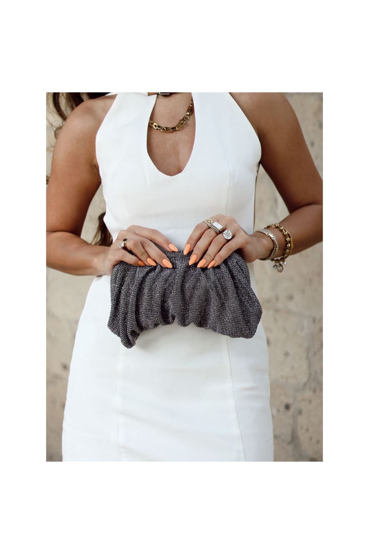 Kadın  Platin Kristal Taş Özel Burslu Abiye Çanta