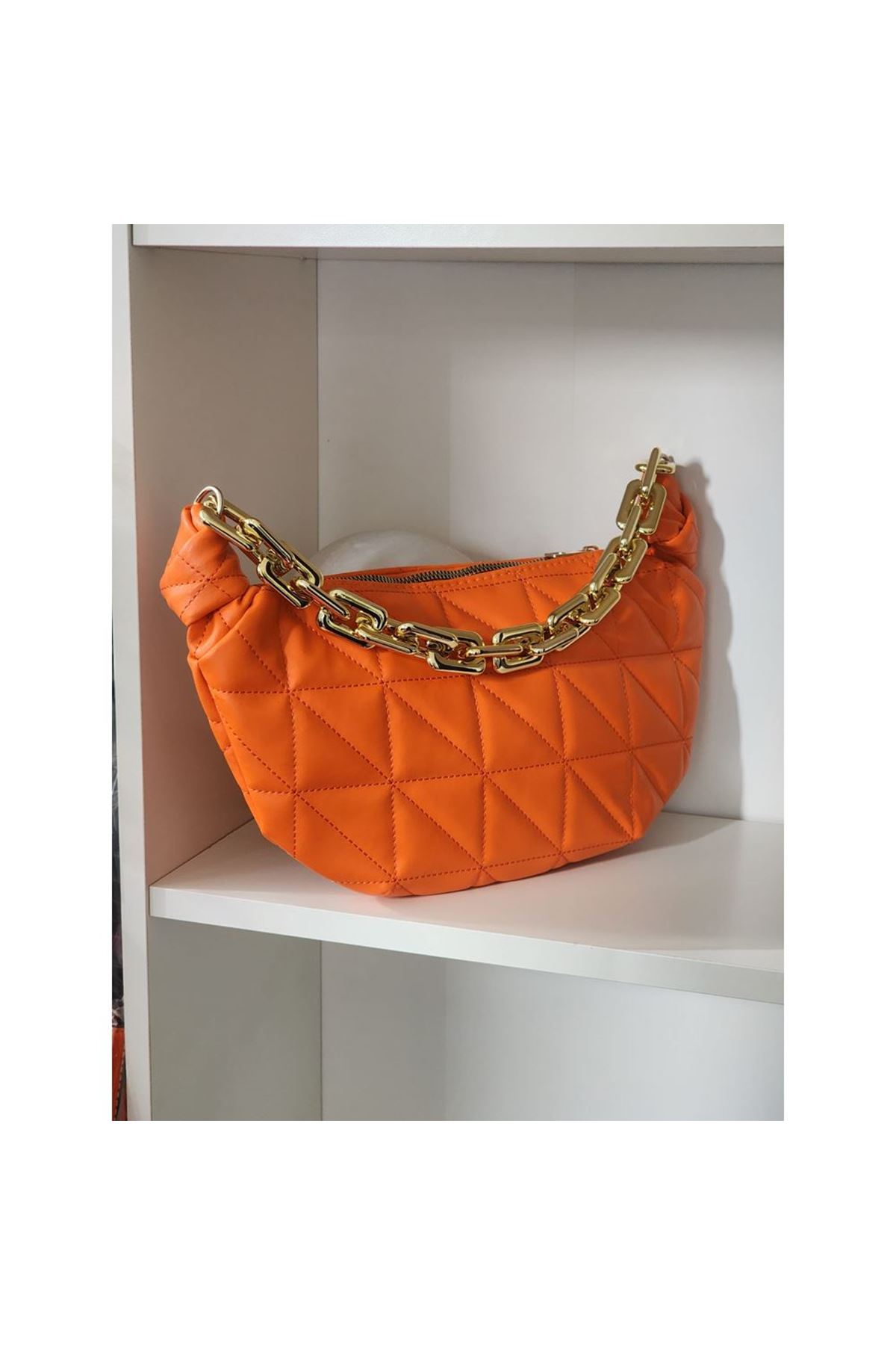 Turuncu Baklava Desenli Zincirli El Çantası
