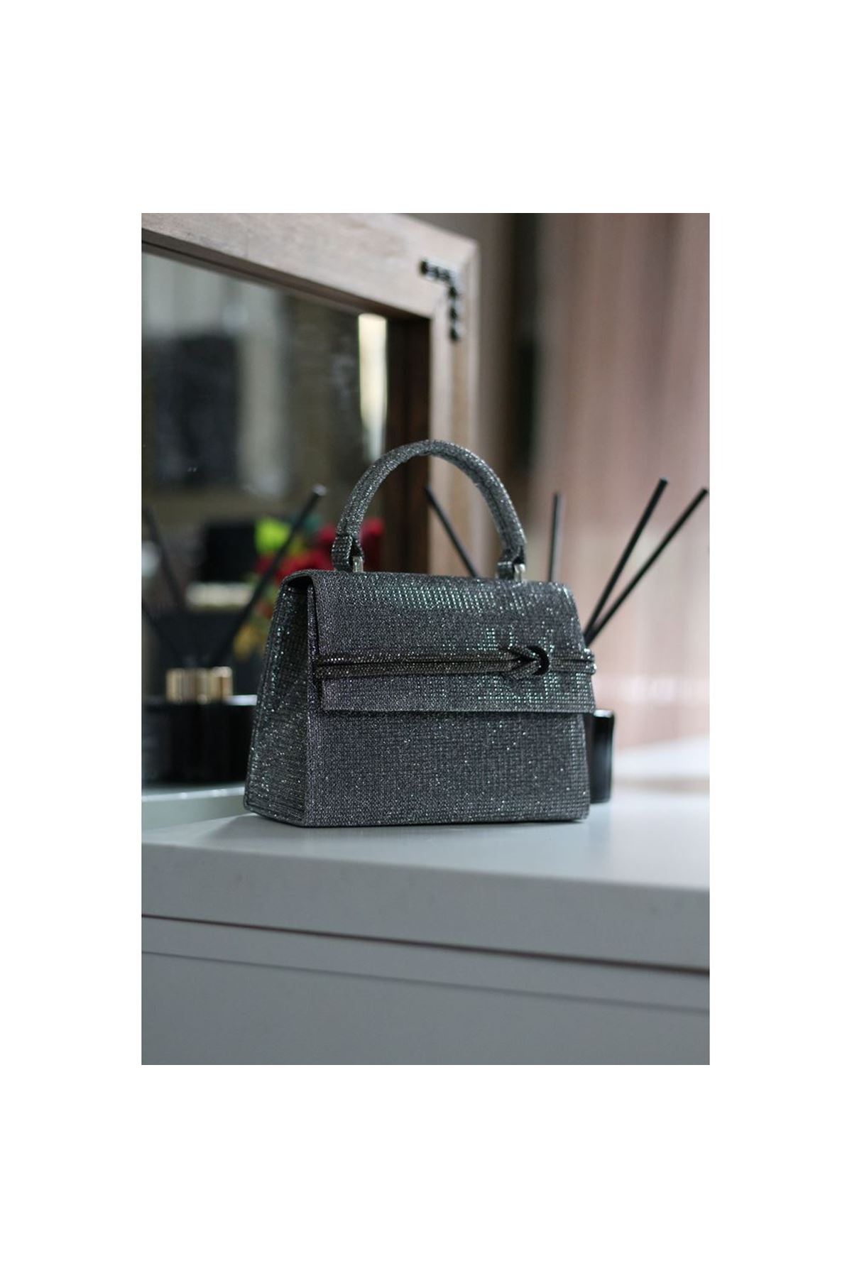 Kadın Platin Simli Taş Detaylı Abiye Omuz Çantası