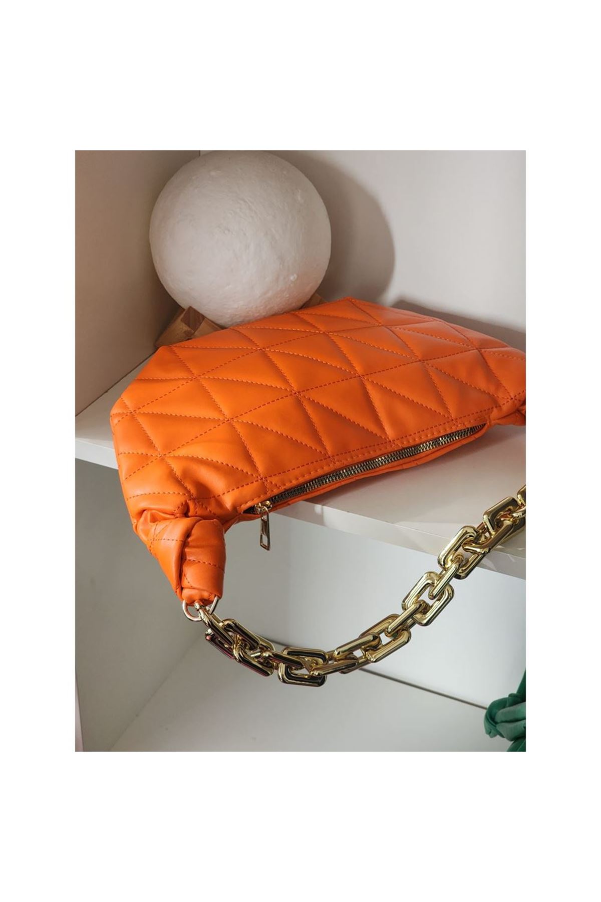 Turuncu Baklava Desenli Zincirli El Çantası