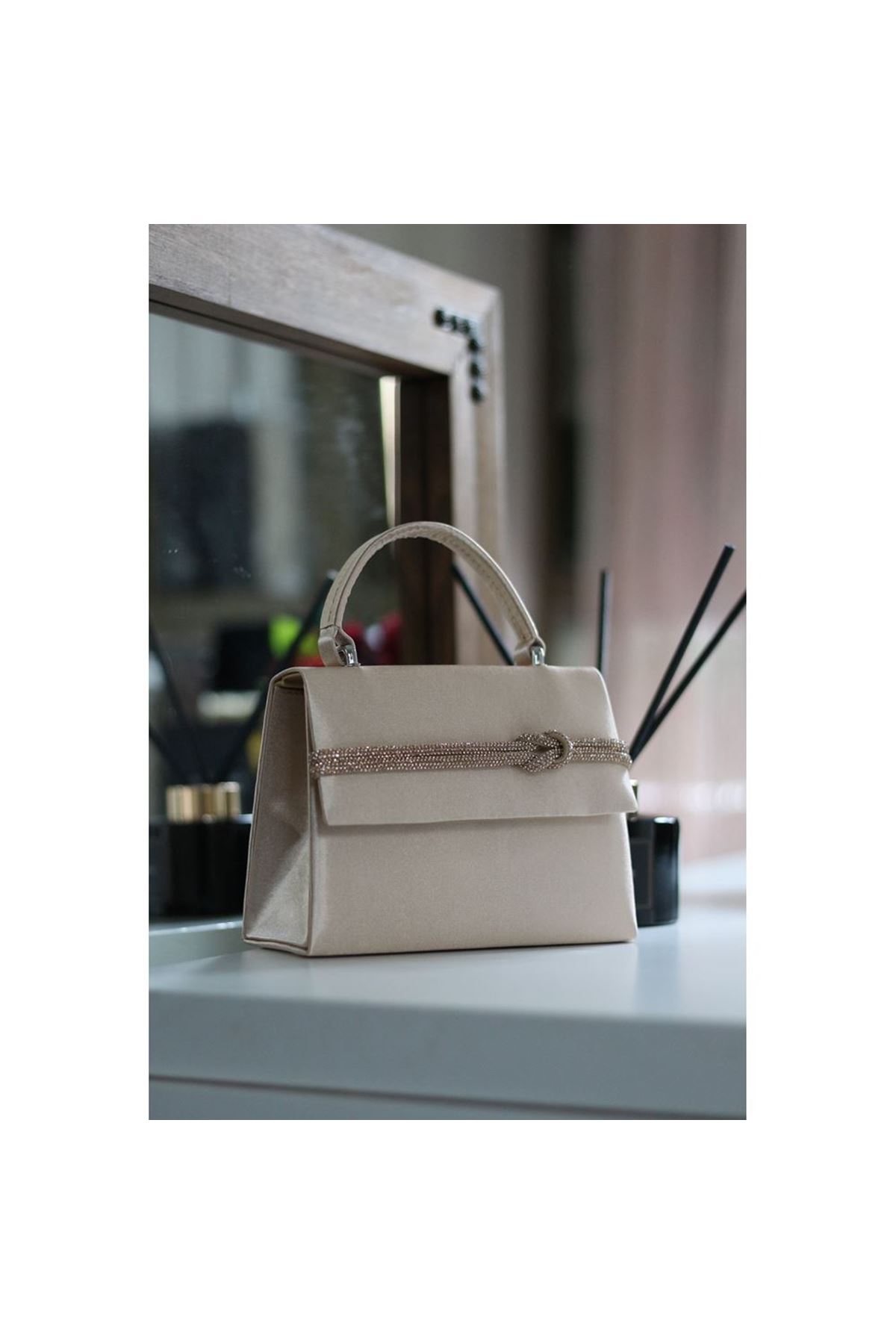 Kadın Nude Saten Taş  Detaylı Abiye Omuz Çantası