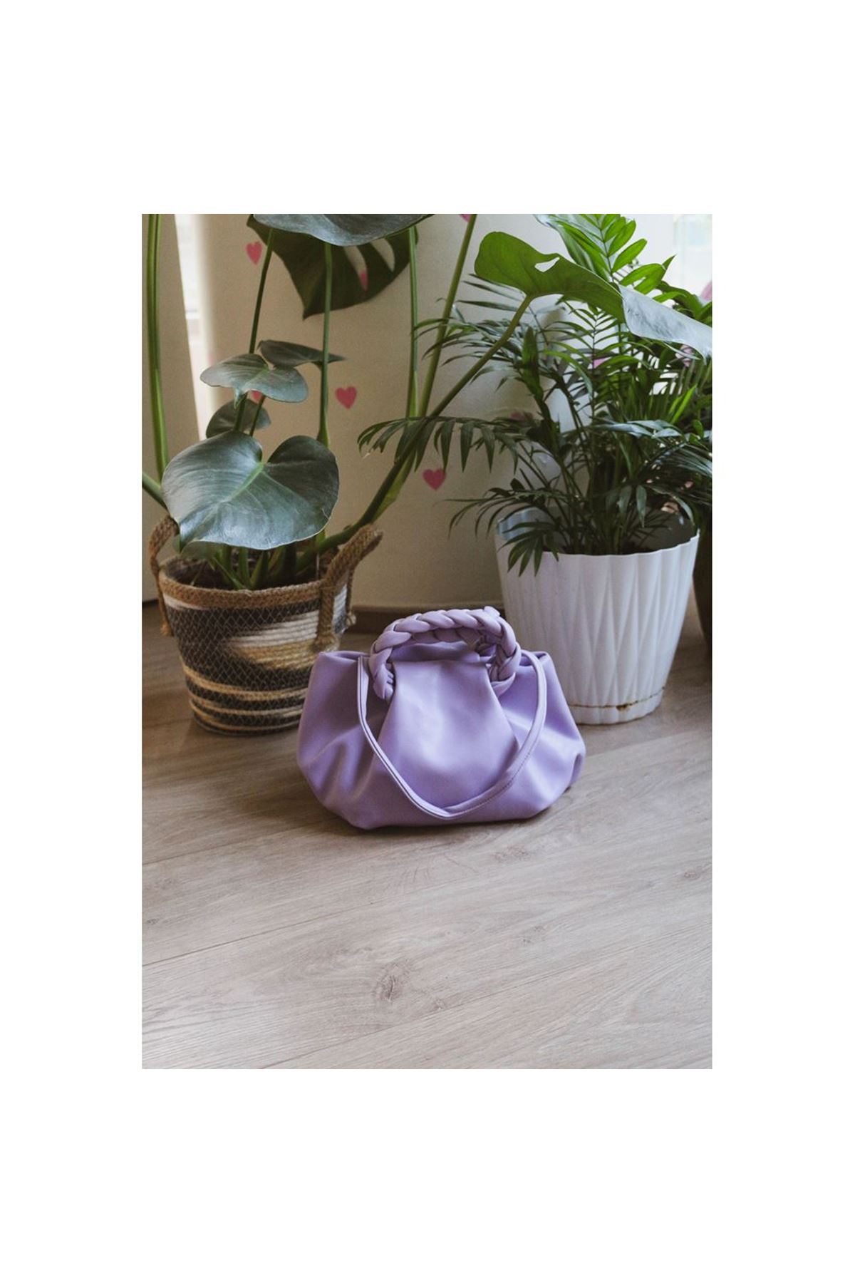 Kadın Lila Örme Saplı Yumuşak Deri Omuz Çantası