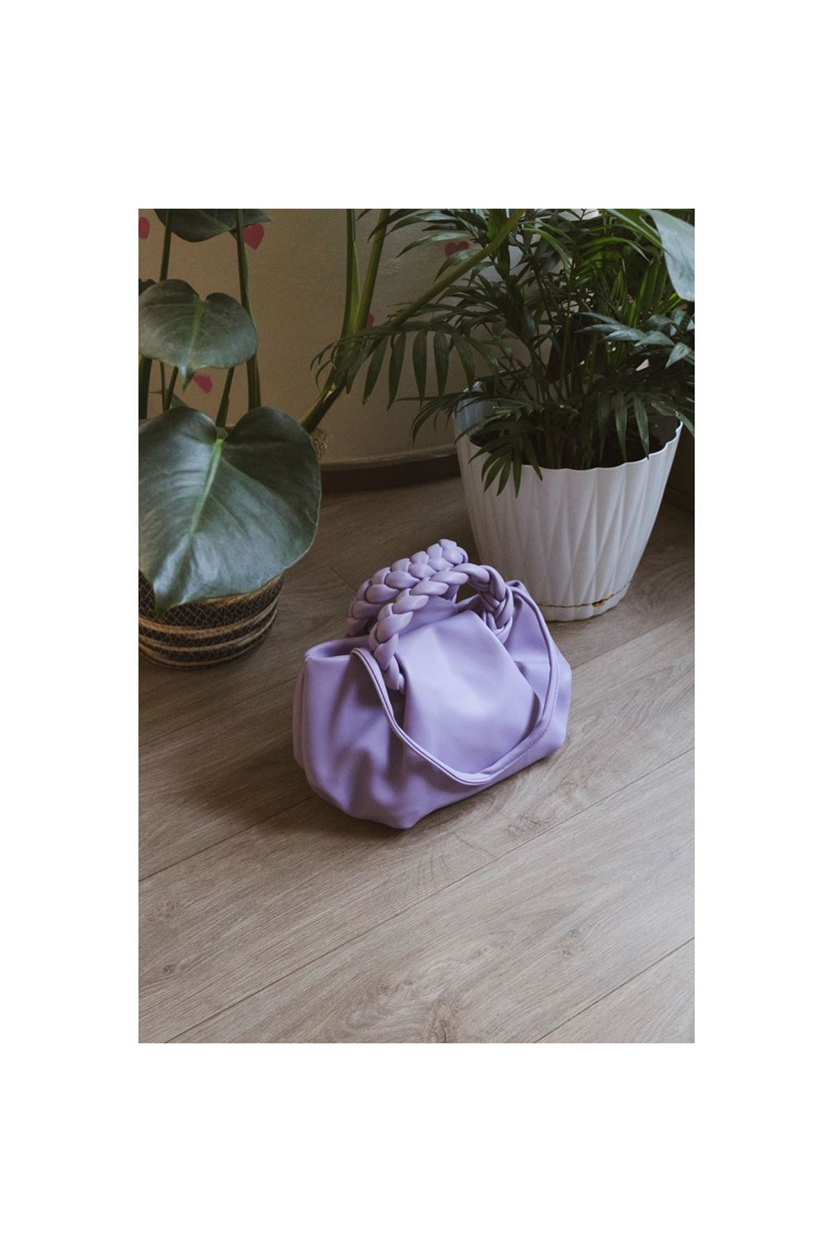 Kadın Lila Örme Saplı Yumuşak Deri Omuz Çantası