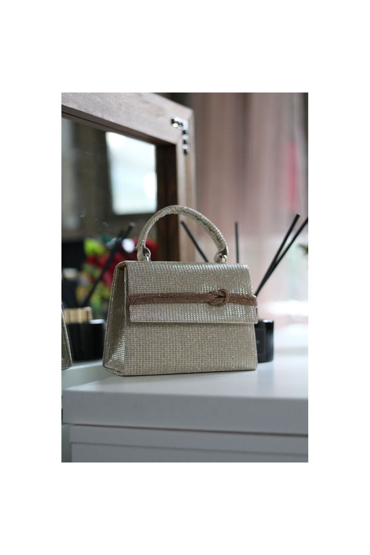 Kadın Gold Simli Taş  Detaylı Abiye Omuz Çantası