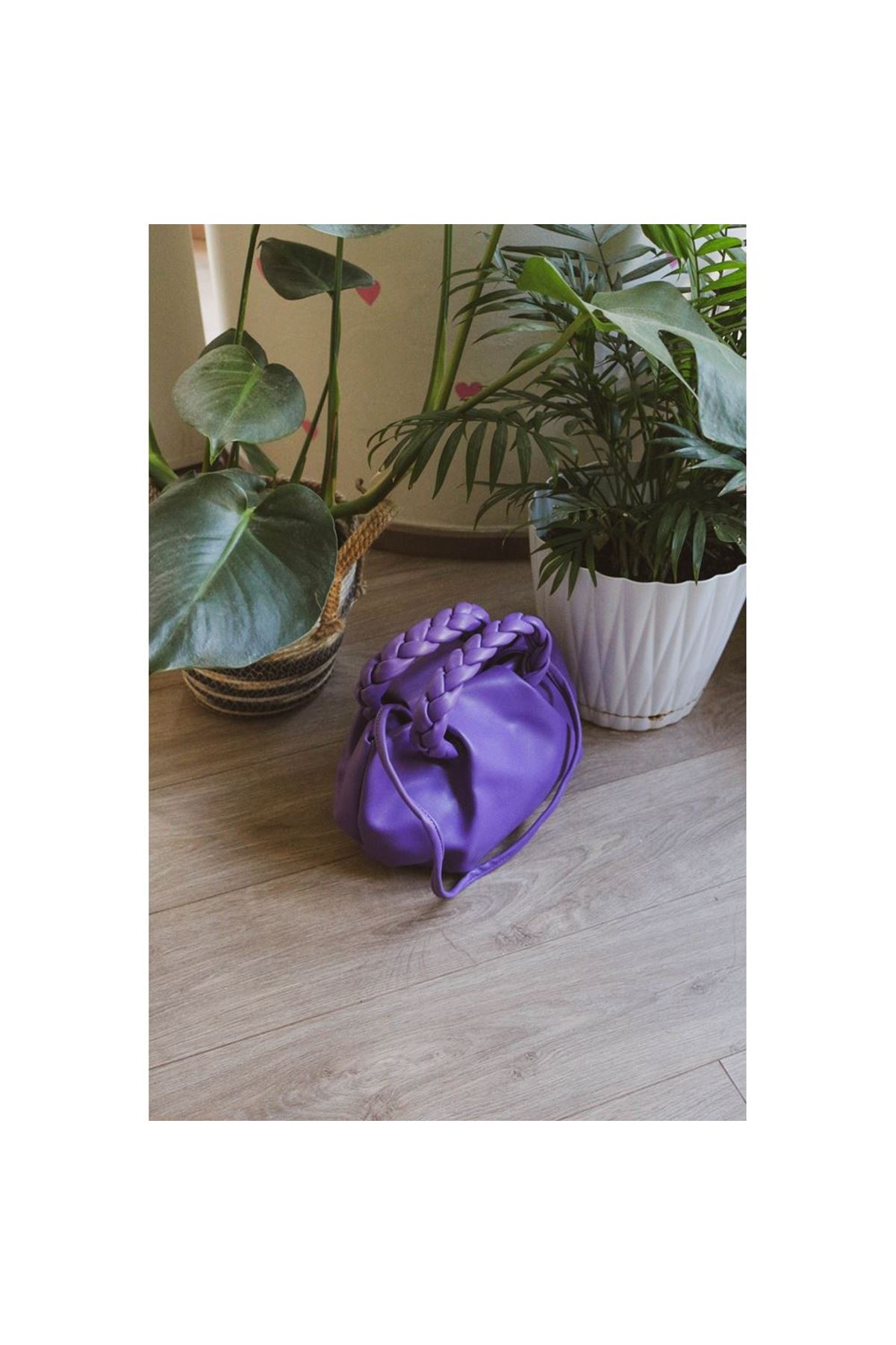 Kadın Mor Örme Saplı Yumuşak Deri Omuz Çantası