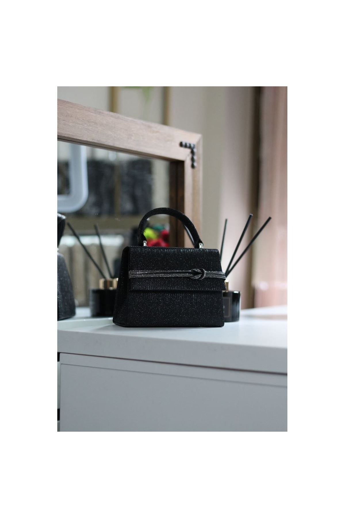 Kadın Siyah Simli  Taş Detaylı Abiye Omuz Çantası