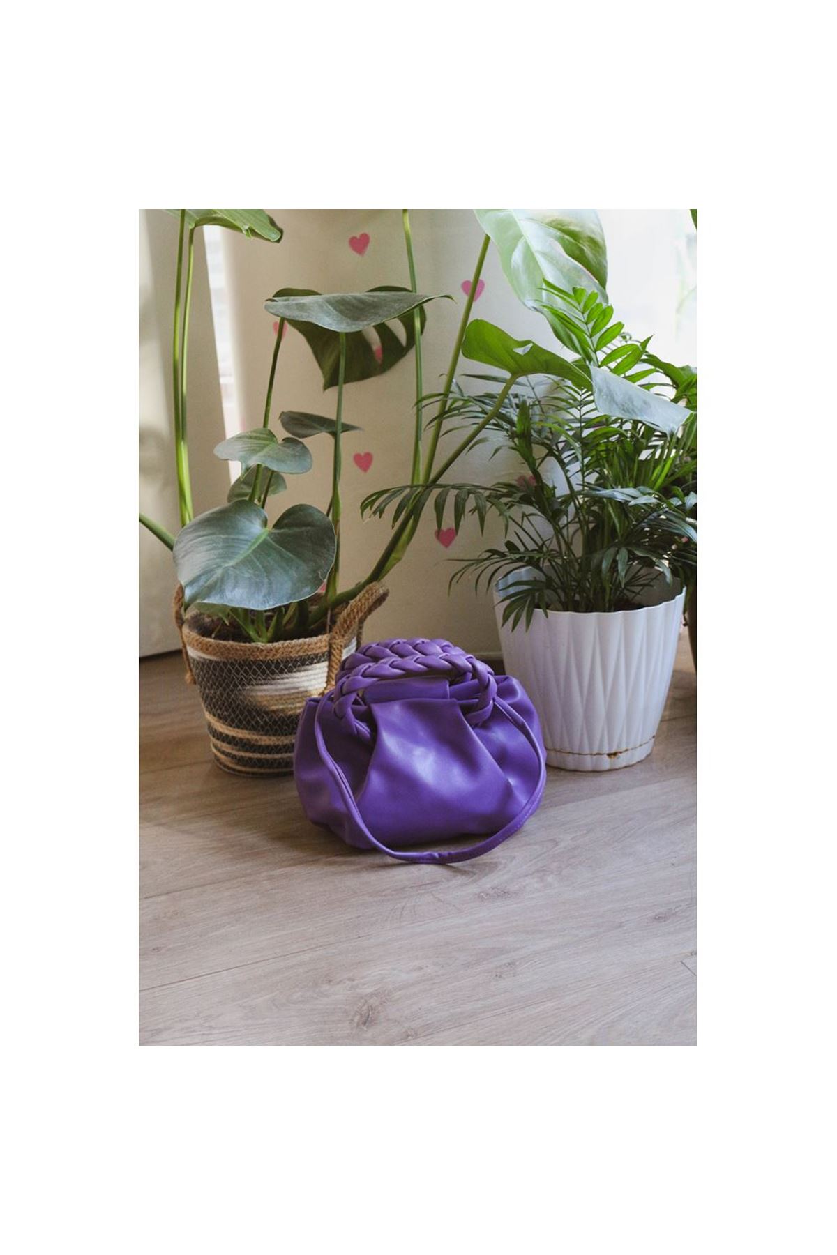 Kadın Mor Örme Saplı Yumuşak Deri Omuz Çantası