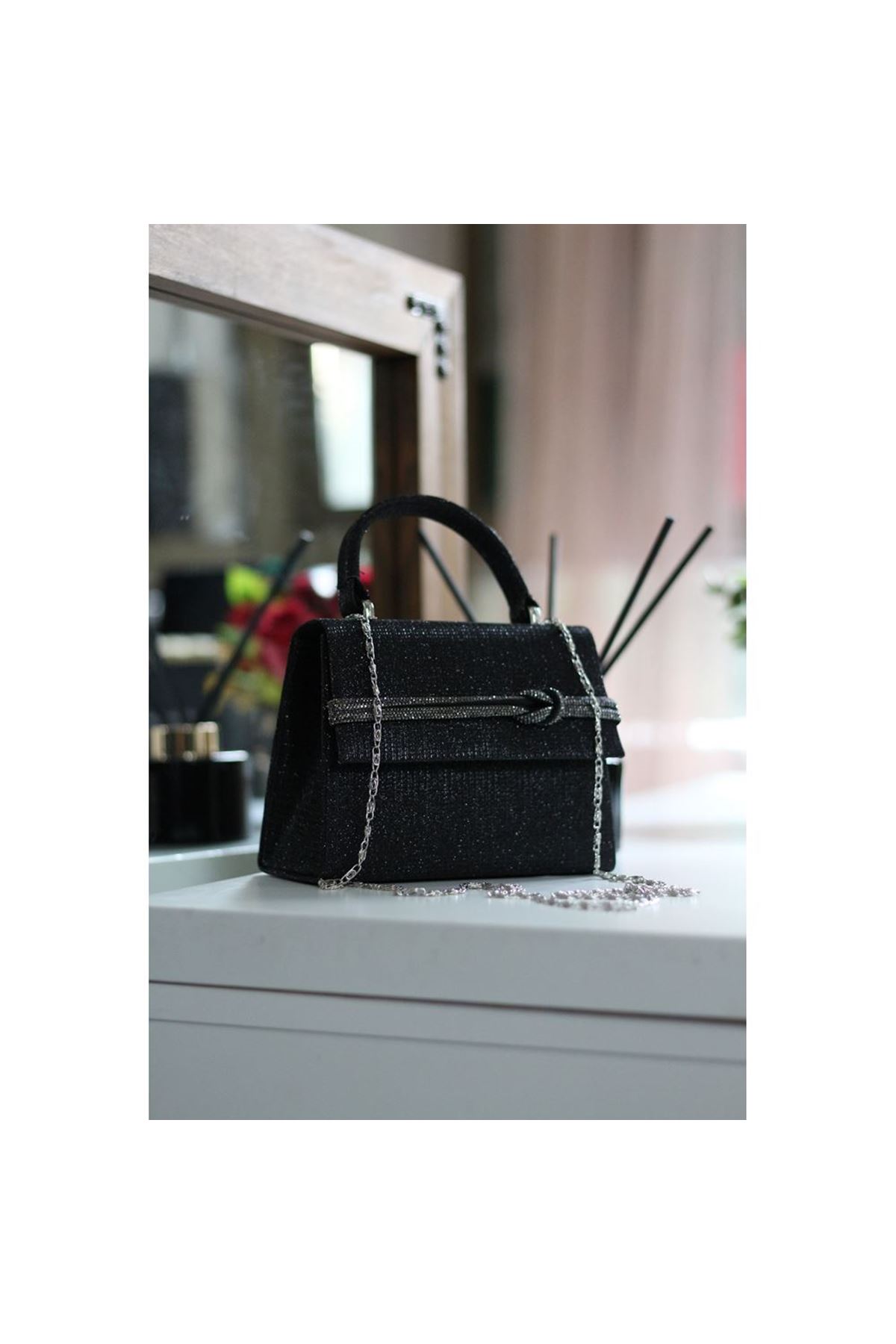 Kadın Siyah Simli  Taş Detaylı Abiye Omuz Çantası