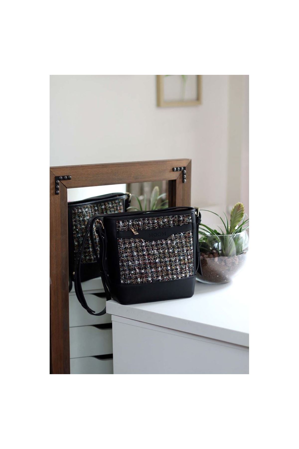 Kadın Siyah Tüvit Ayarlanabilir Askılı Omuz Çantası