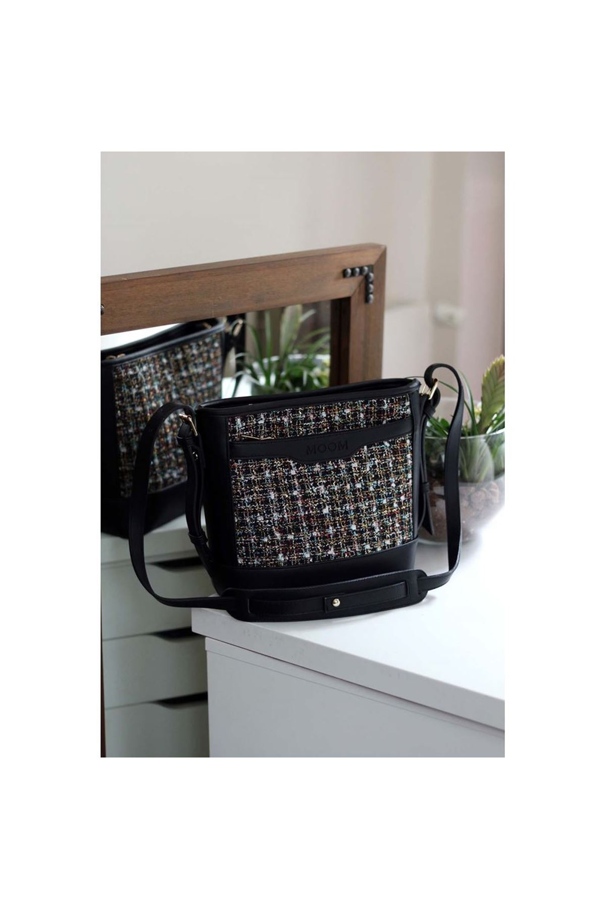 Kadın Siyah Tüvit Ayarlanabilir Askılı Omuz Çantası