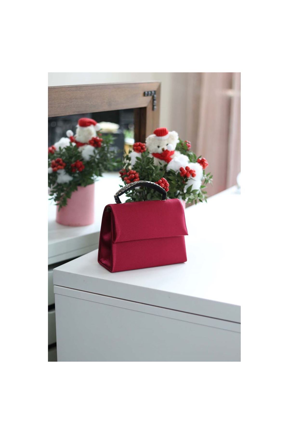 Kadın Bordo Taş Tutma Detaylı Abiye Omuz Çantası