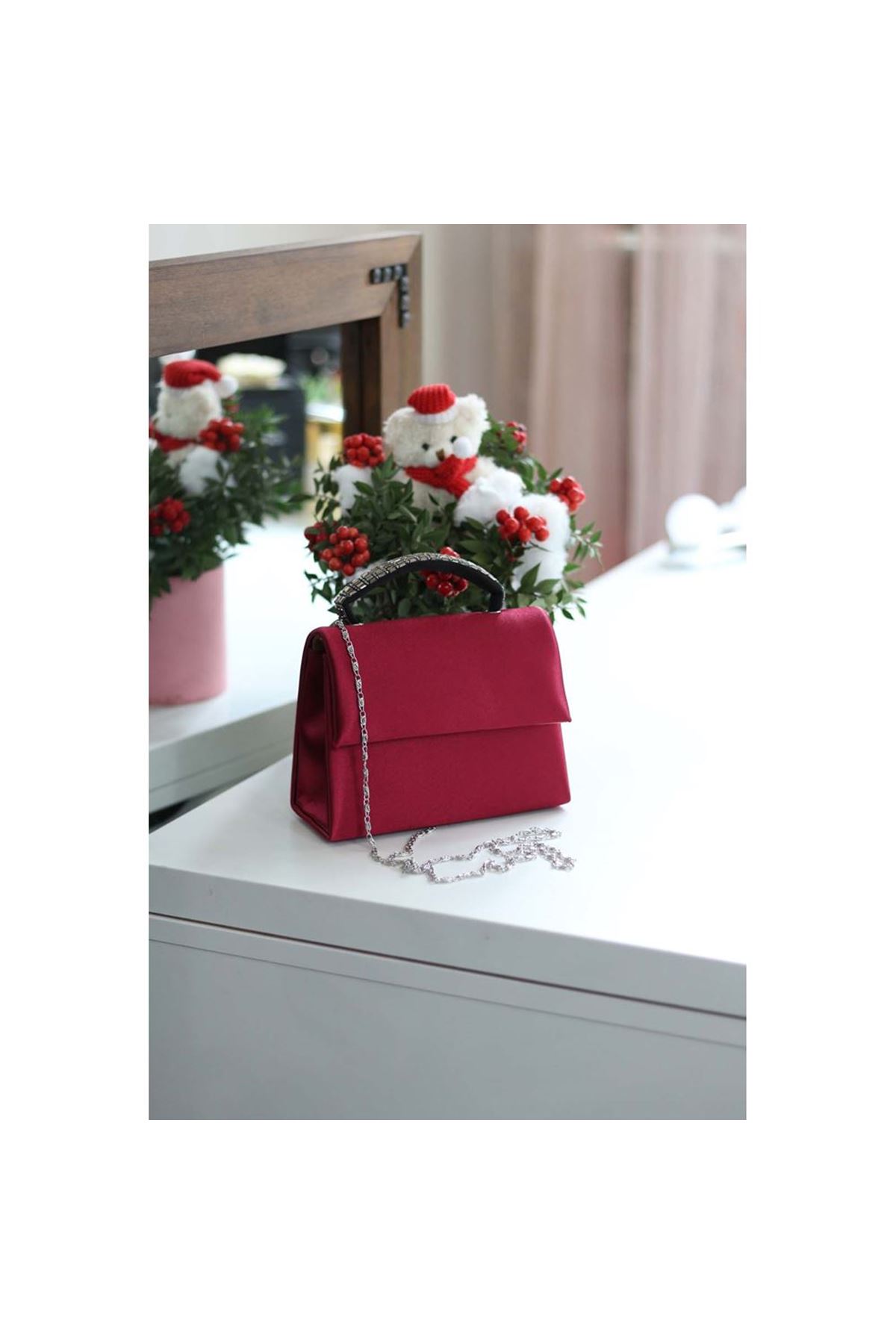 Kadın Bordo Taş Tutma Detaylı Abiye Omuz Çantası