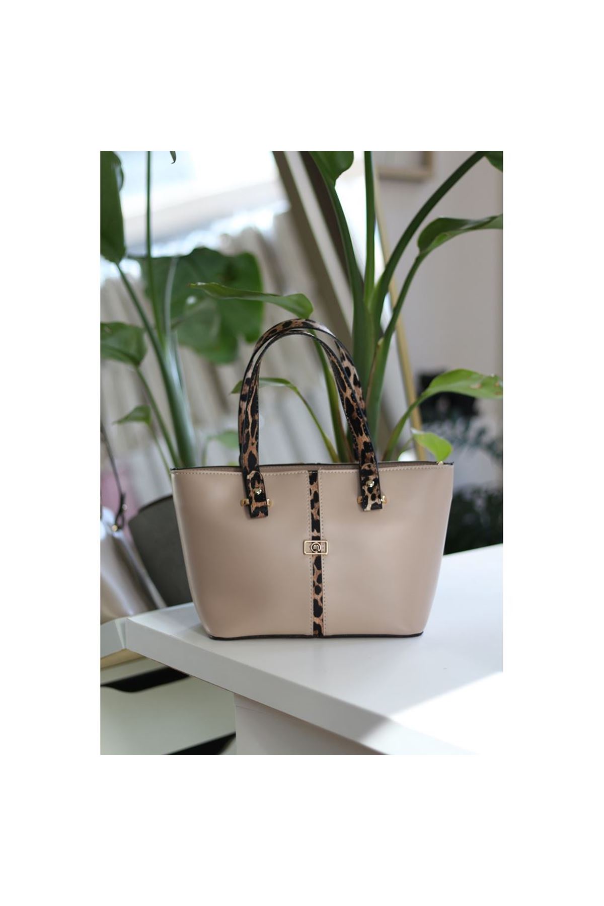 Kadın Krem Leopar Şerit Desenli Askılı El Omuz Çantası