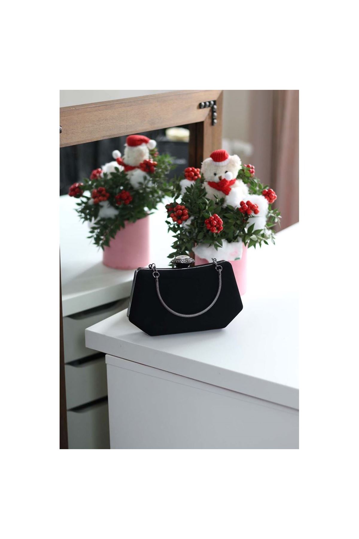 Kadın Siyah Süet Tutma Detaylı Abiye Çanta