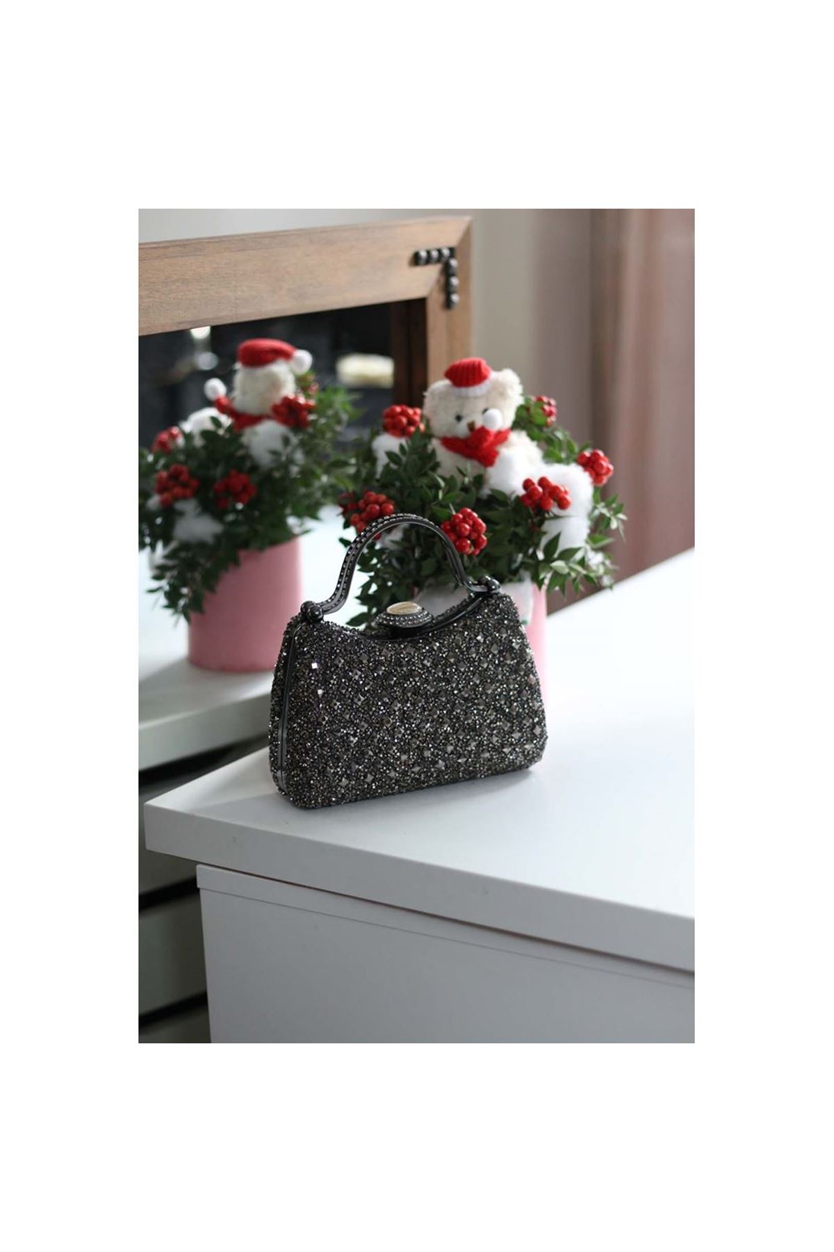 Kadın Platin Taşlı Tutma Detaylı Abiye Çanta