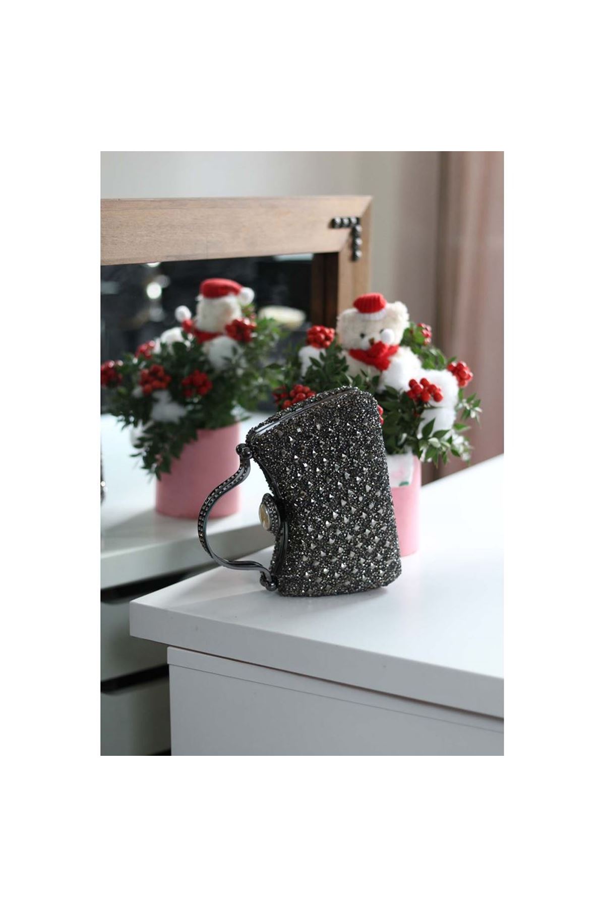 Kadın Platin Taşlı Tutma Detaylı Abiye Çanta