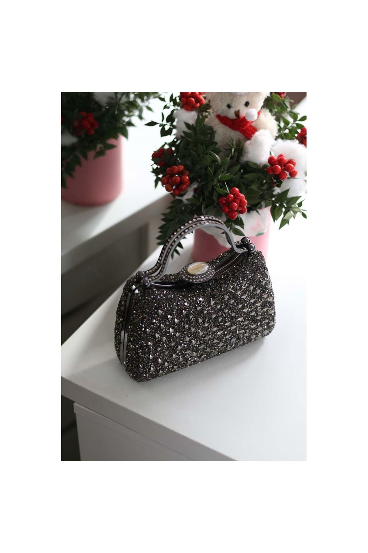 Kadın Platin Taşlı Tutma Detaylı Abiye Çanta