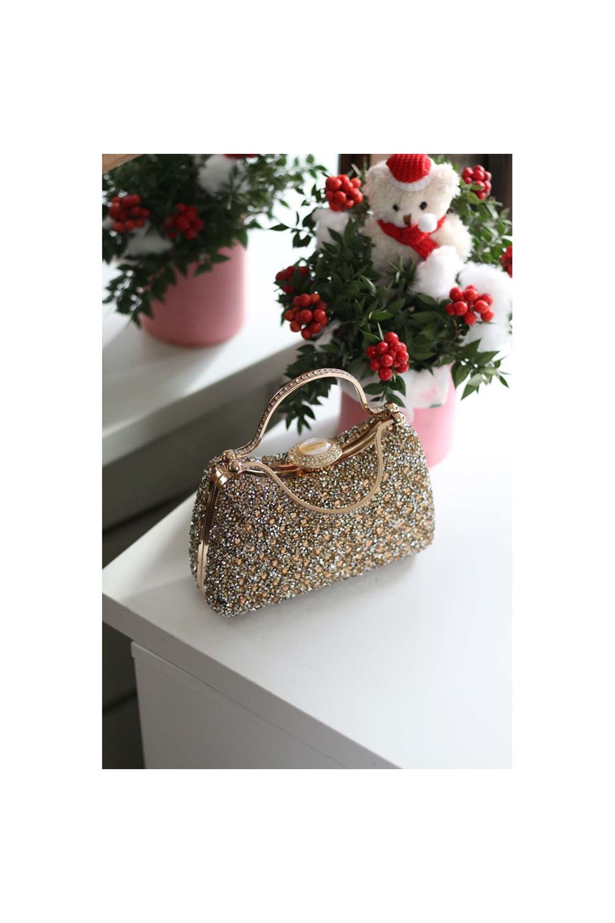Kadın Gold Taşlı Tutma Detaylı Abiye Çanta
