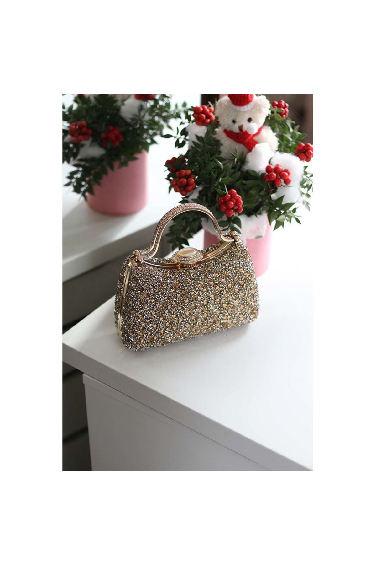 Kadın Gold Taşlı Tutma Detaylı Abiye Çanta