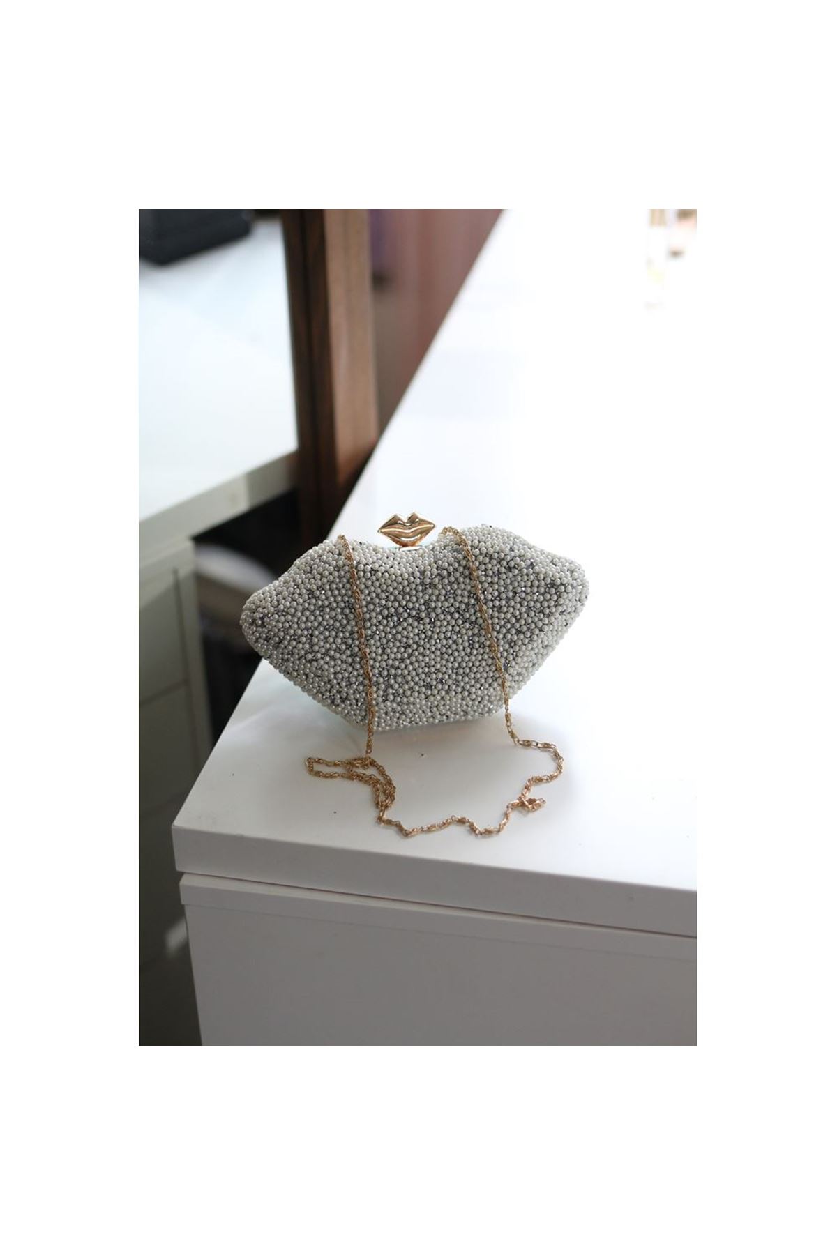 Kadın Gümüş Gold Boncuk Detaylı Çanta