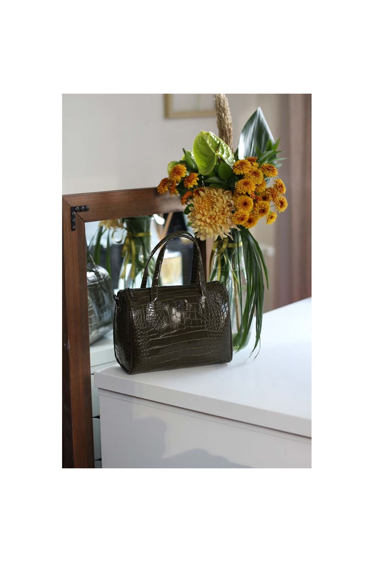 Kadın Yeşil Kroko Askılı El Omuz Çantası