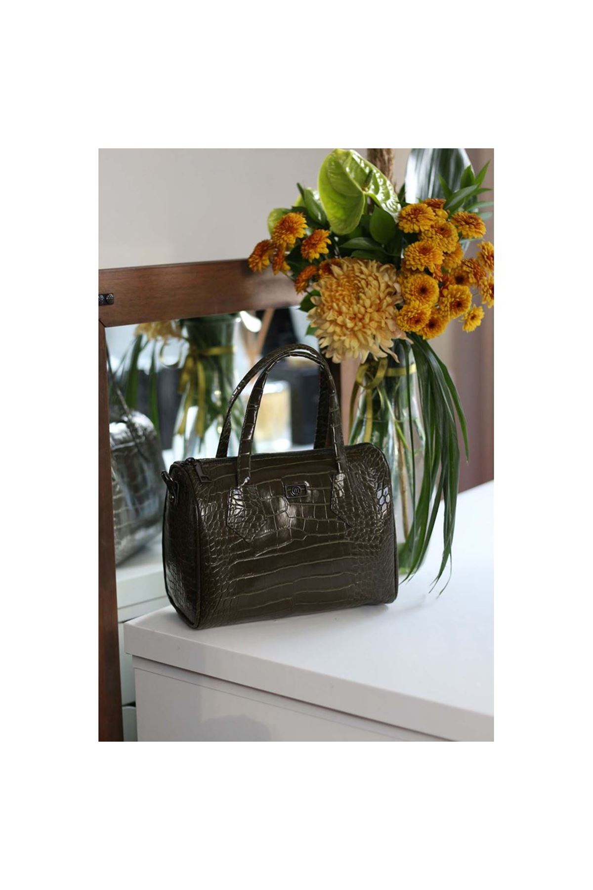 Kadın Yeşil Kroko Askılı El Omuz Çantası