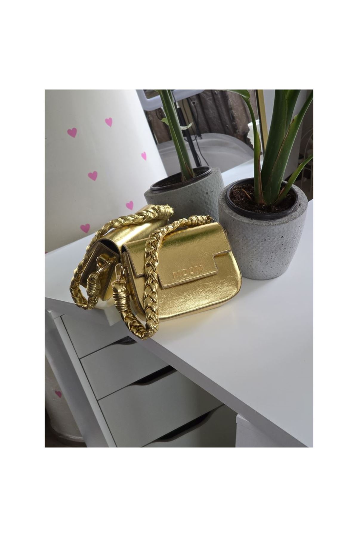 Kadın Gold Örme Sap Detaylı Zincirli Omuz Çantası