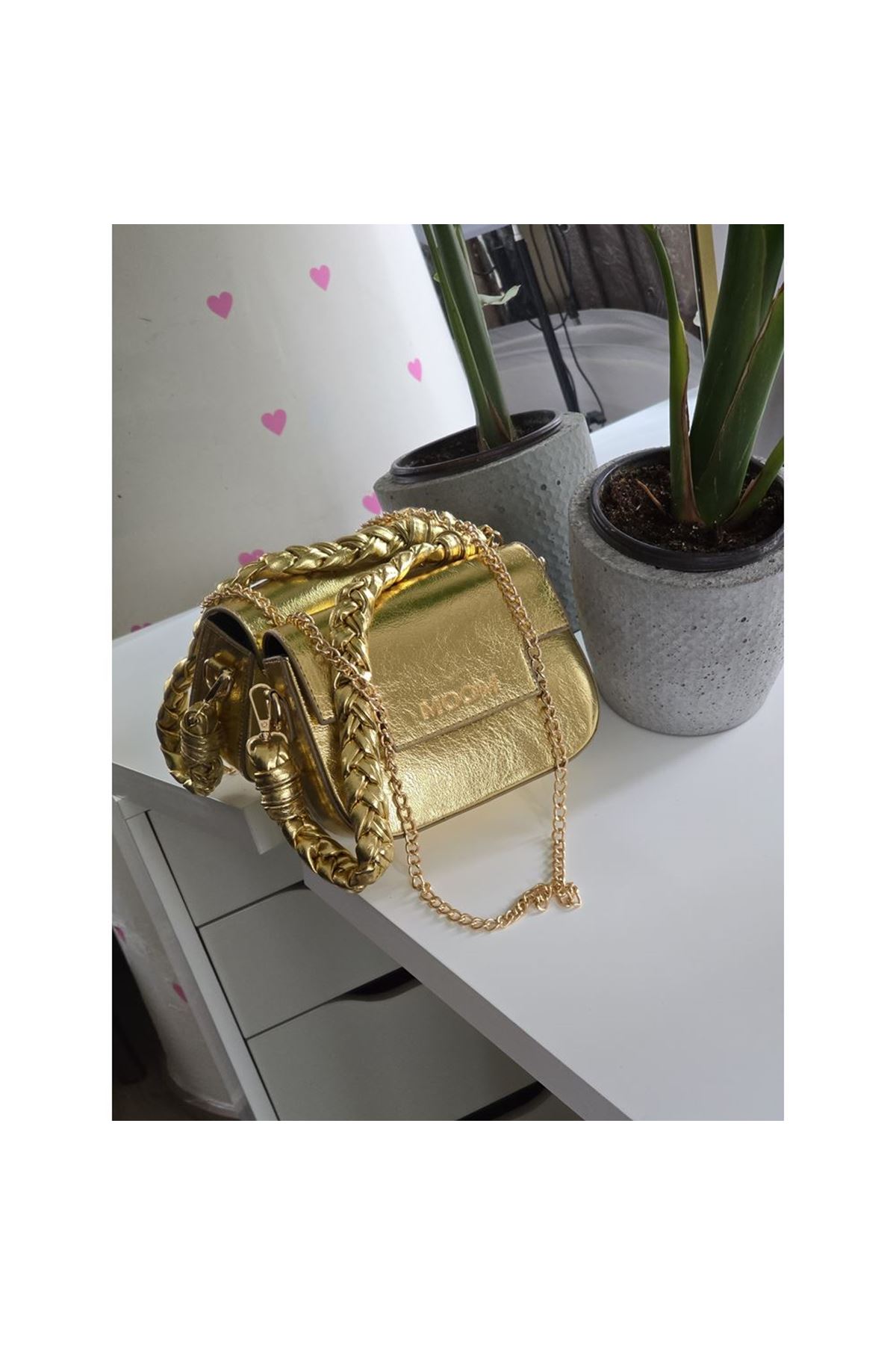 Kadın Gold Örme Sap Detaylı Zincirli Omuz Çantası