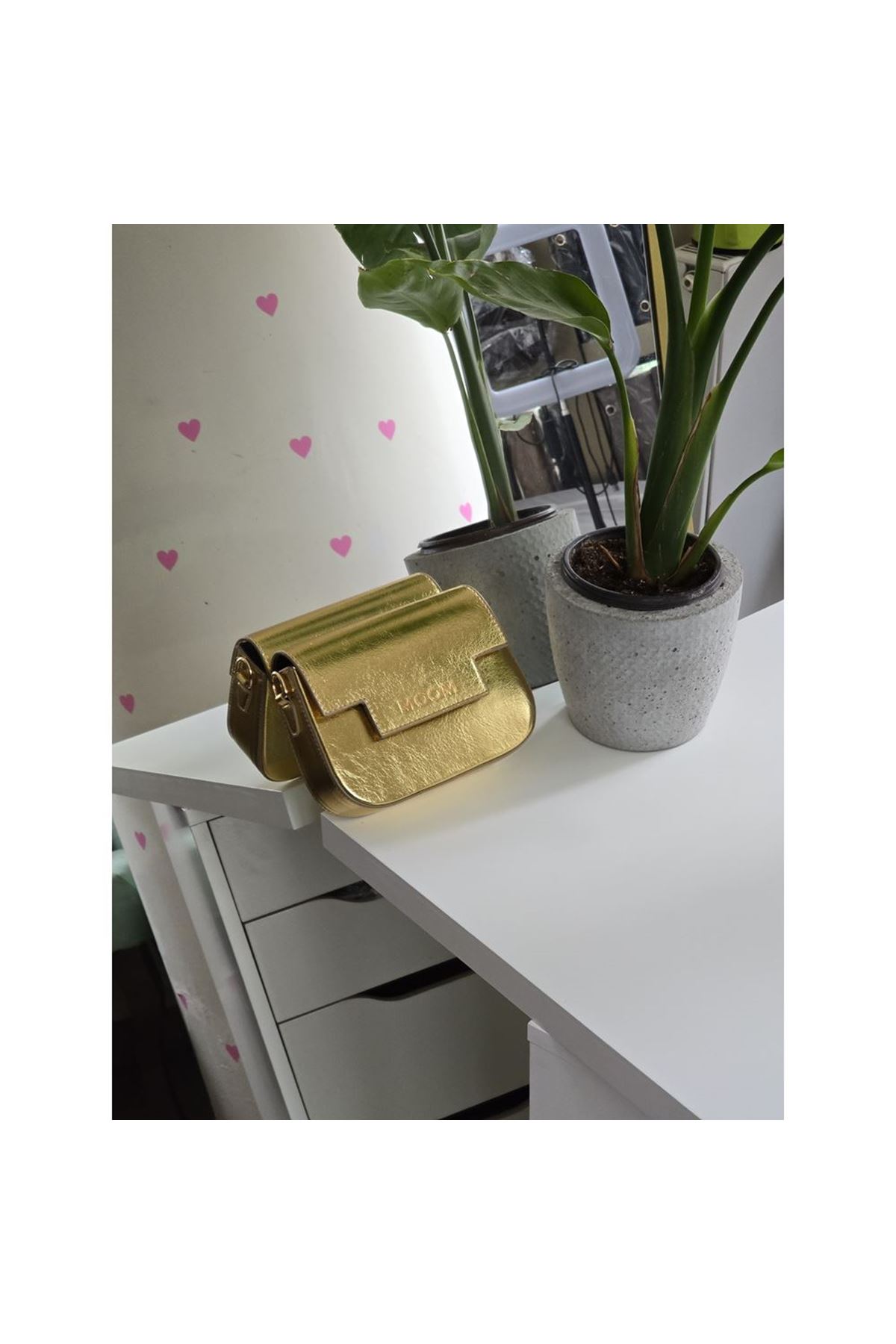 Kadın Gold Örme Sap Detaylı Zincirli Omuz Çantası