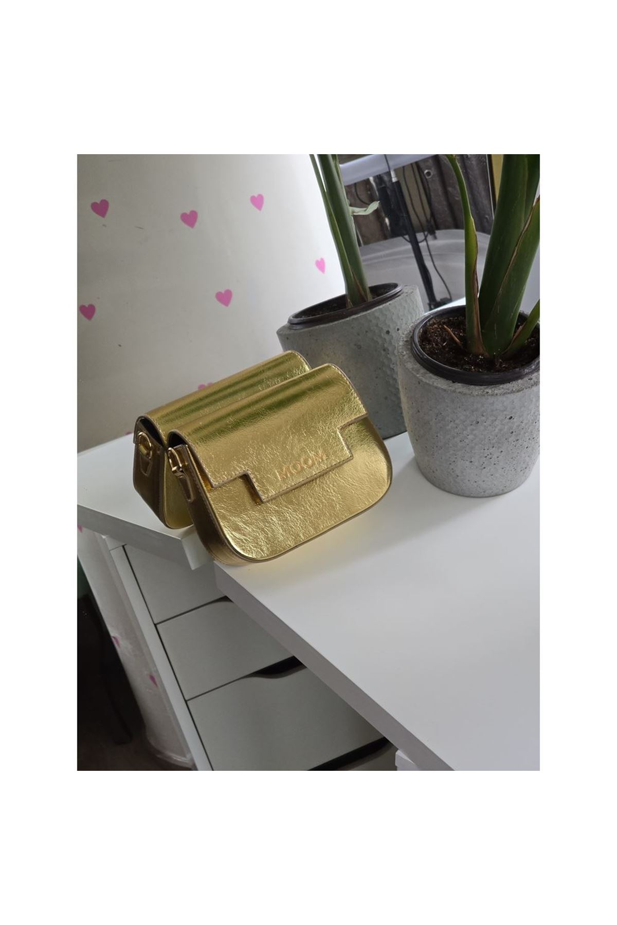 Kadın Gold Örme Sap Detaylı Zincirli Omuz Çantası