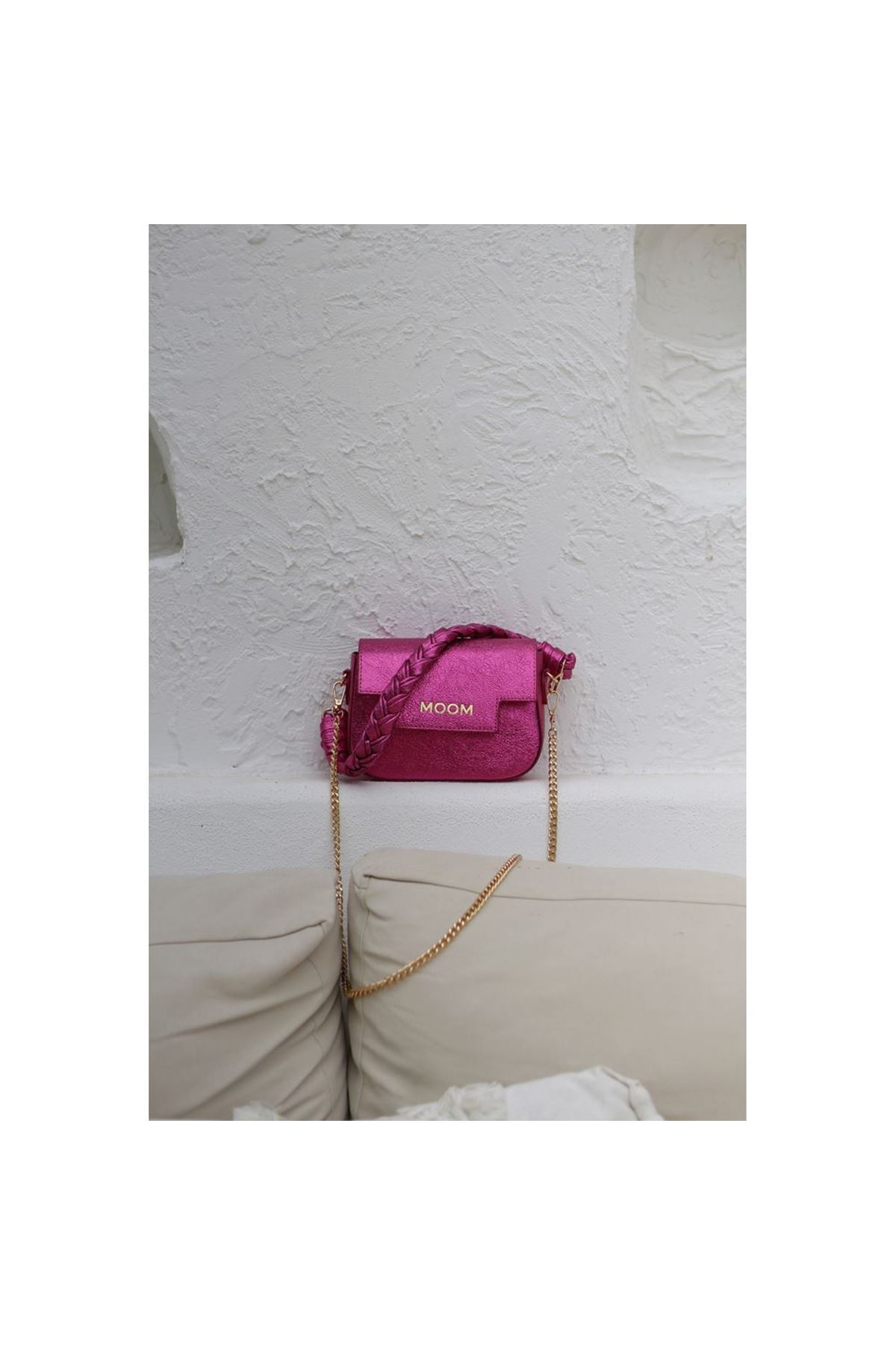 Kadın Fuşya Örme Sap Detaylı Zincirli Omuz Çantası