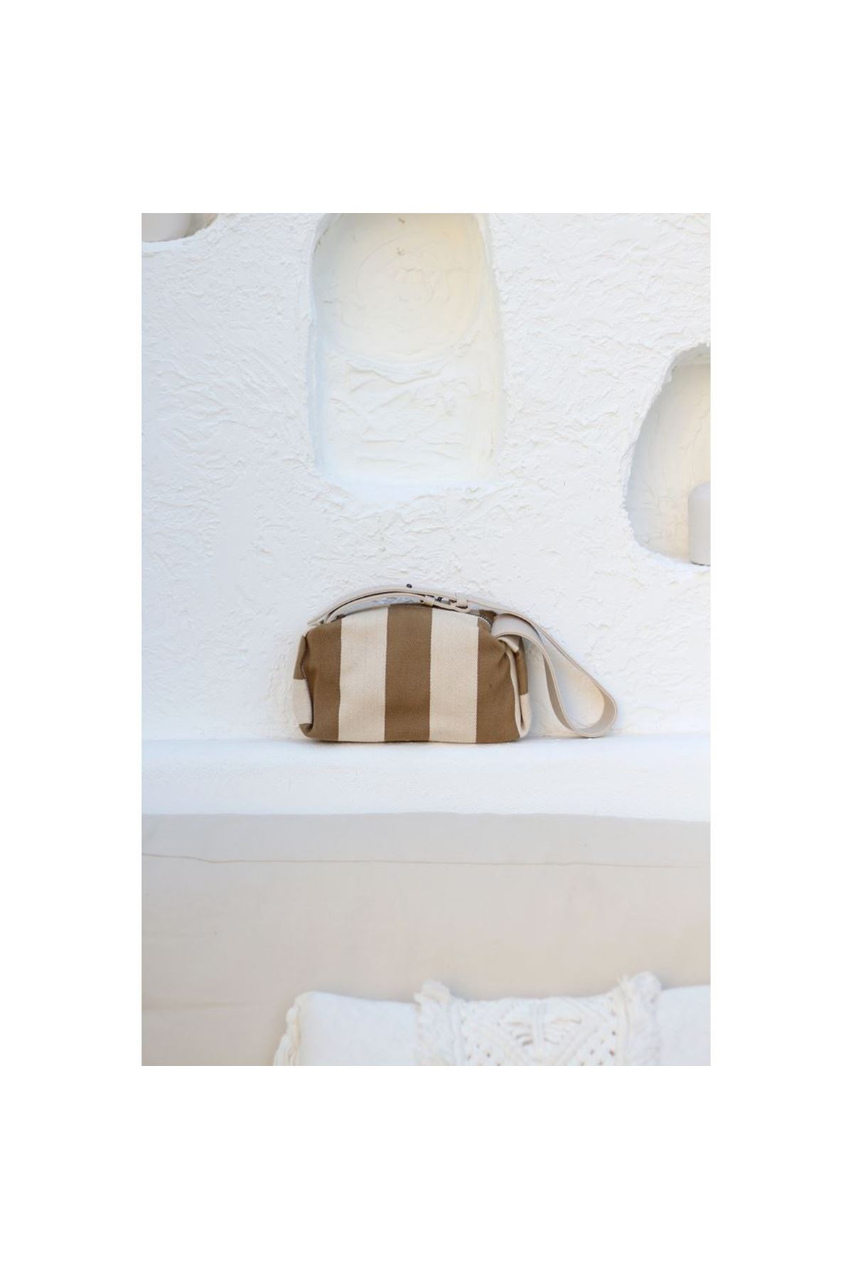 Kadın Vizon Çizgi Desenli Kanvas Omuz Çantası