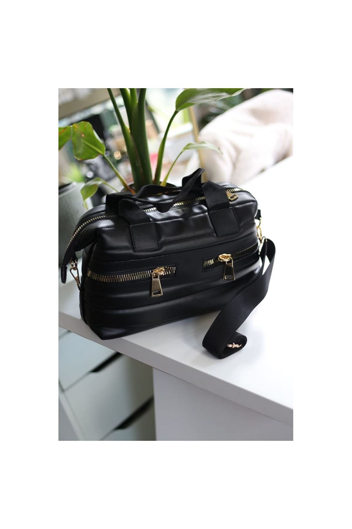 Kadın Siyah Çift Fermuar Detaylı Büyük Boy Askılı El &amp;amp; Omuz Çantası