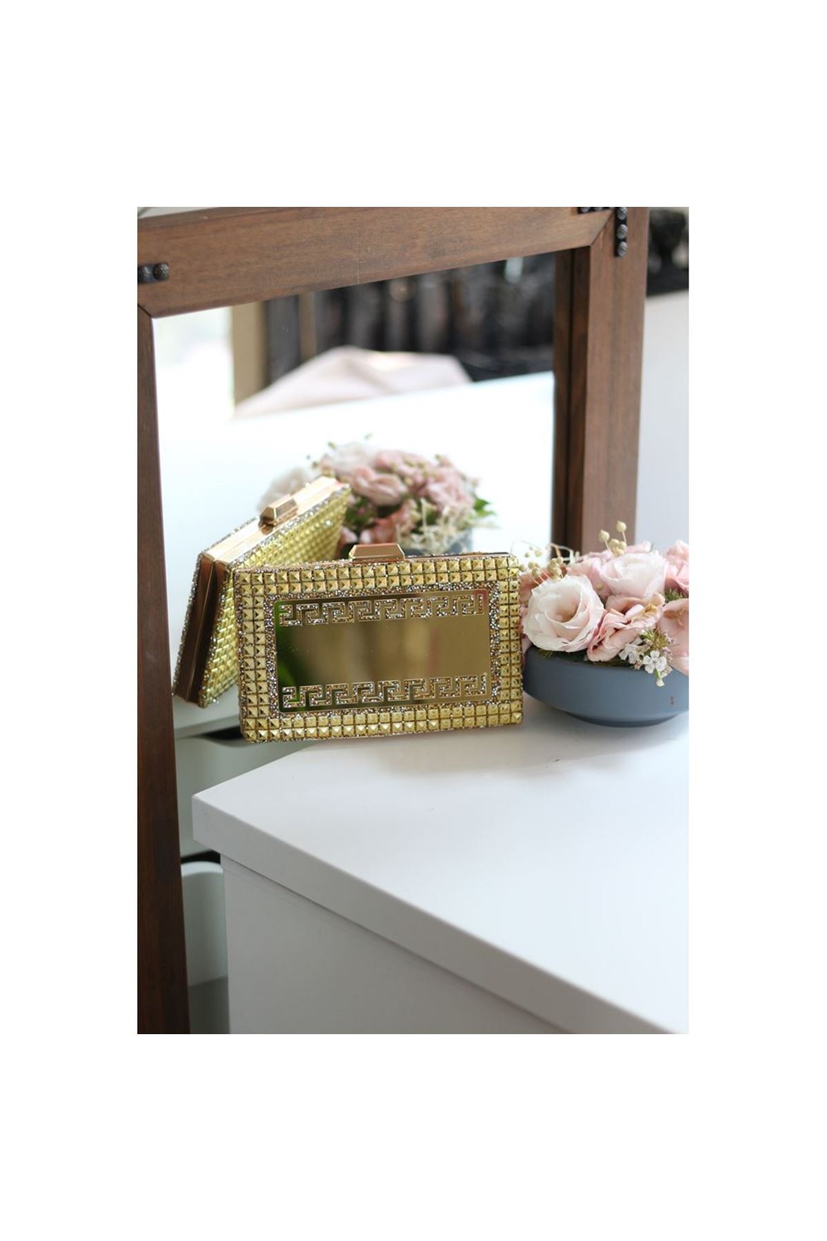 Kadın Gold Taş Detaylı Desenli Abiye Çanta