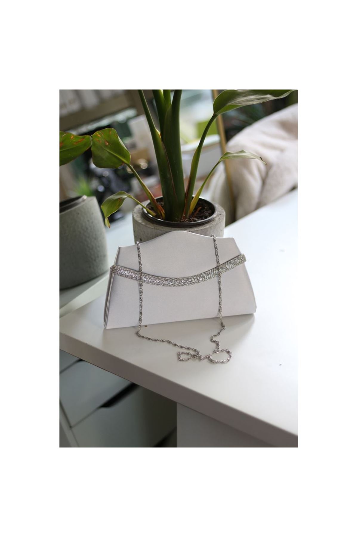 Kadın Gri Saten Dalga Desen Portföy Abiye Çanta