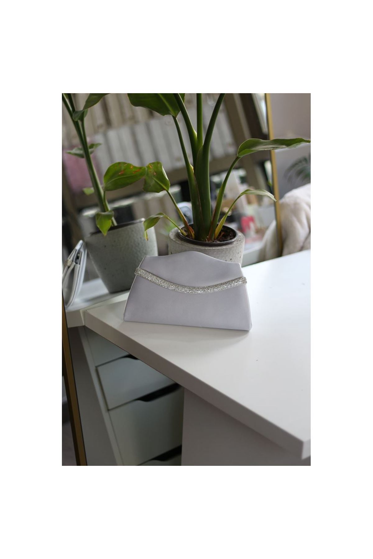 Kadın Gri Saten Dalga Desen Portföy Abiye Çanta