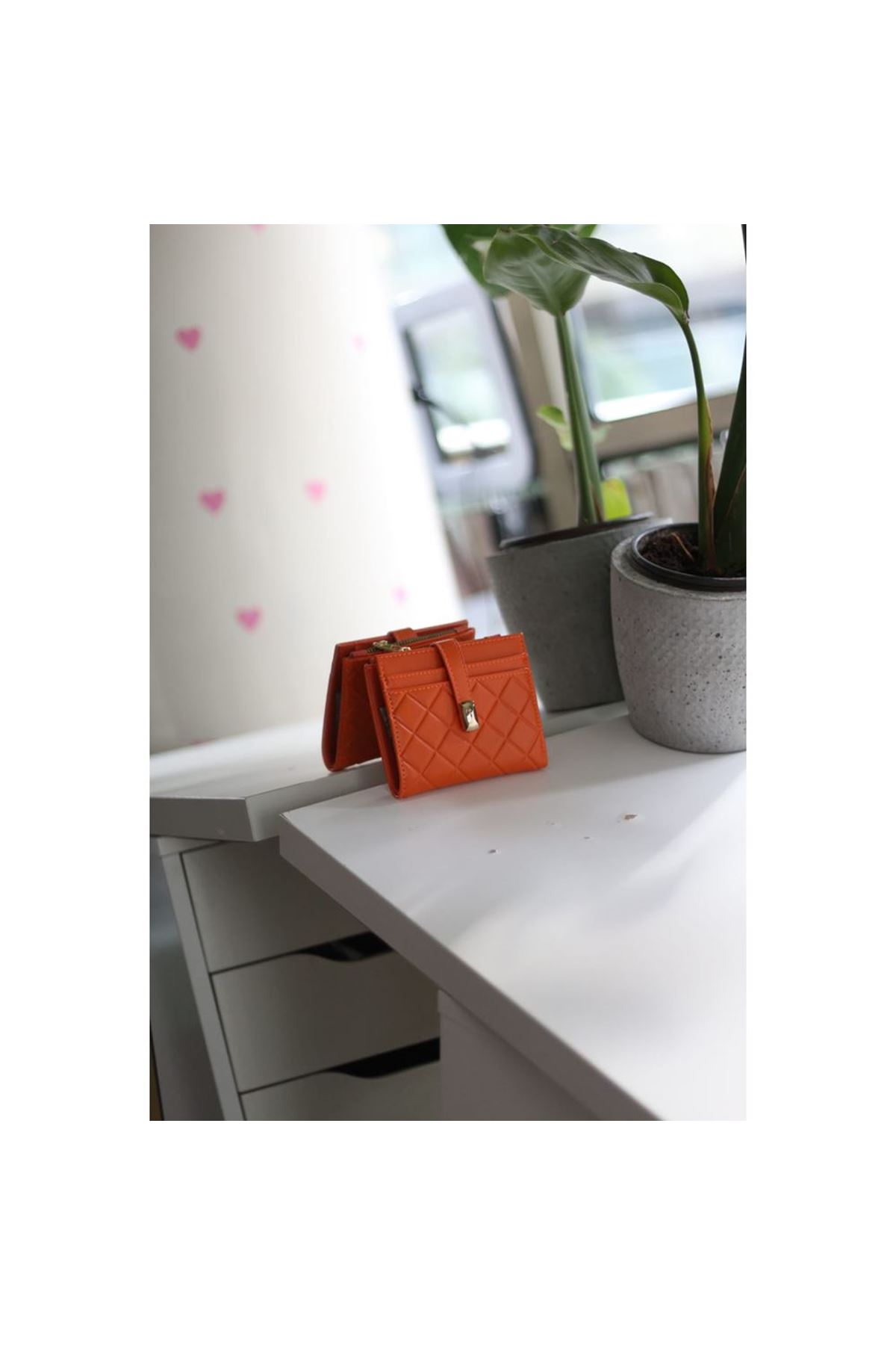 Turuncu Kare Baklava Desenli Mini Kartlık Cüzdan