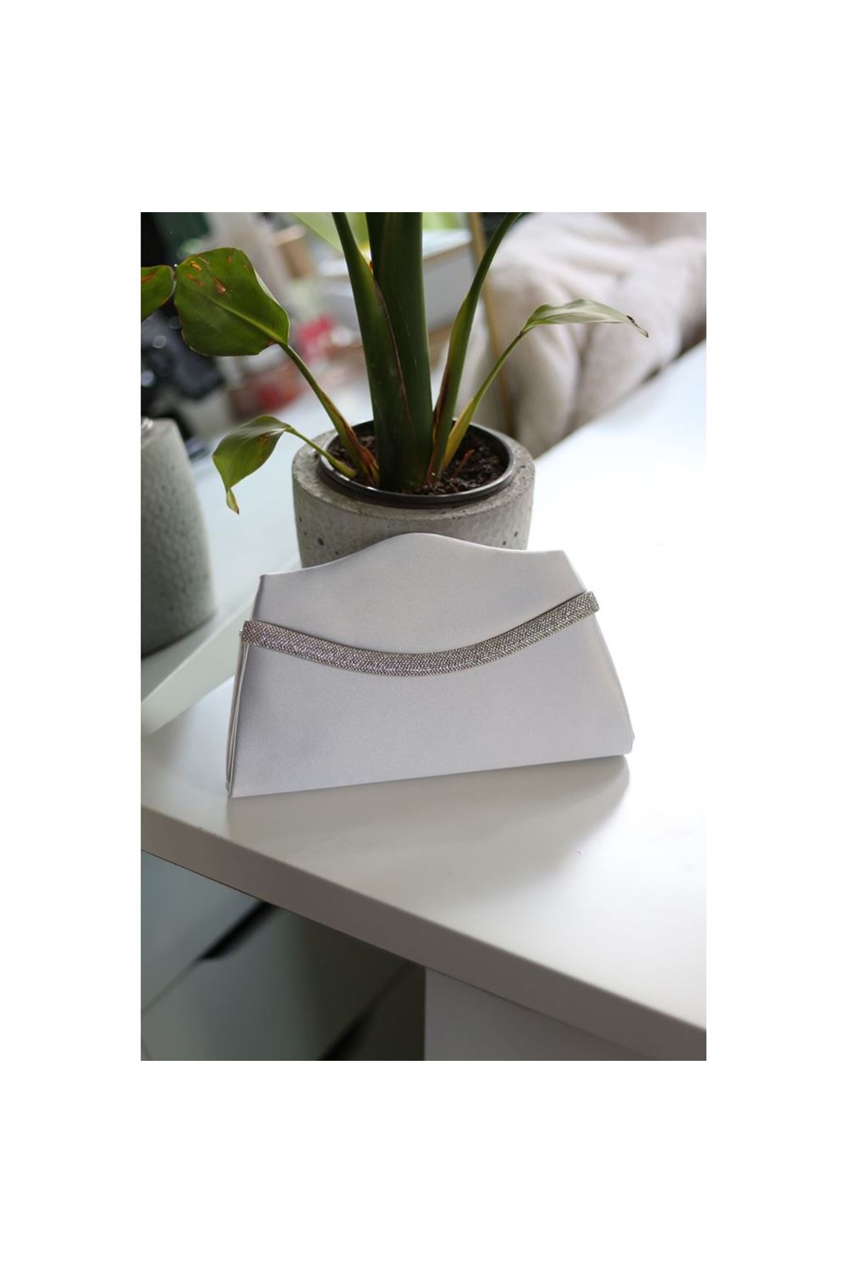 Kadın Gri Saten Dalga Desen Portföy Abiye Çanta