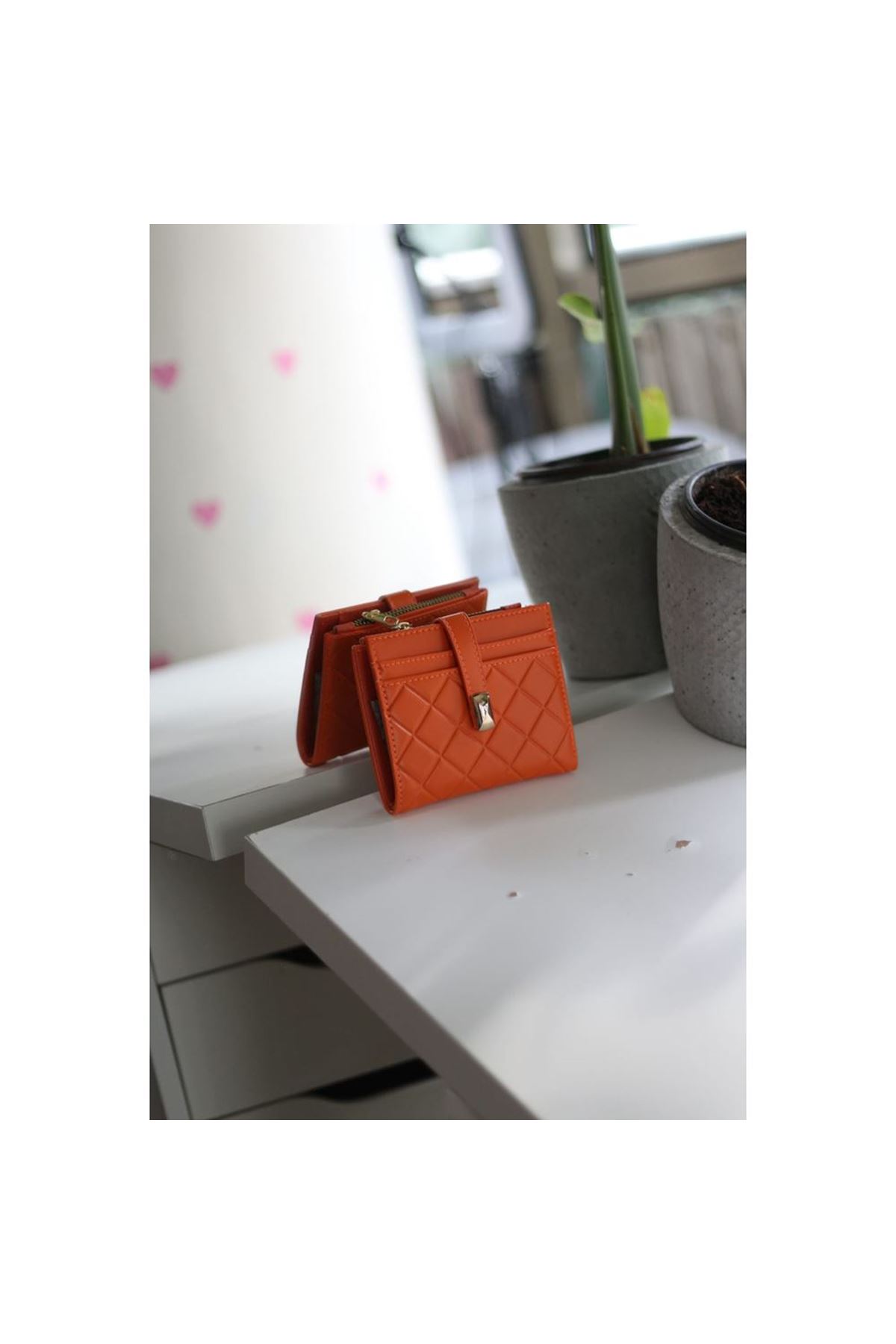 Turuncu Kare Baklava Desenli Mini Kartlık Cüzdan