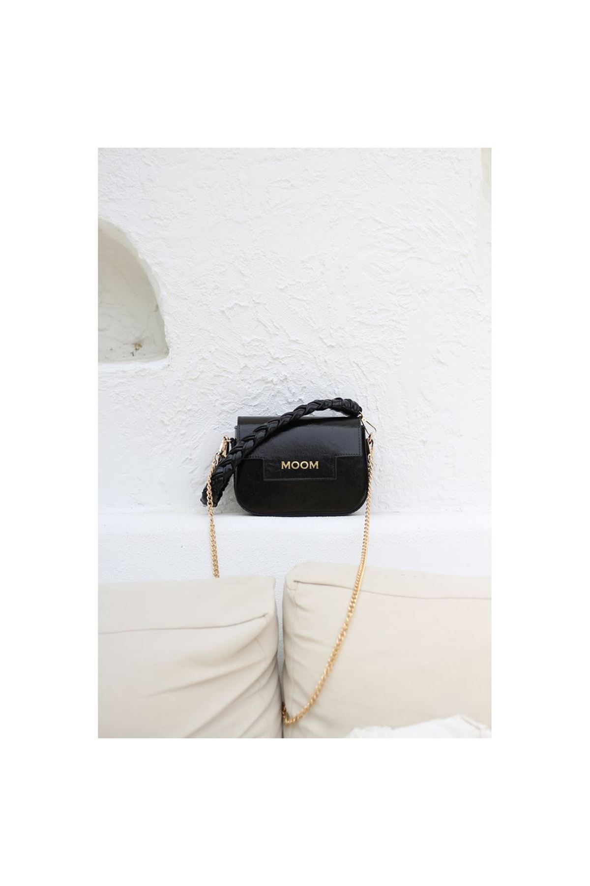 Kadın Siyah Örme Sap Detaylı Zincirli Omuz Çantası
