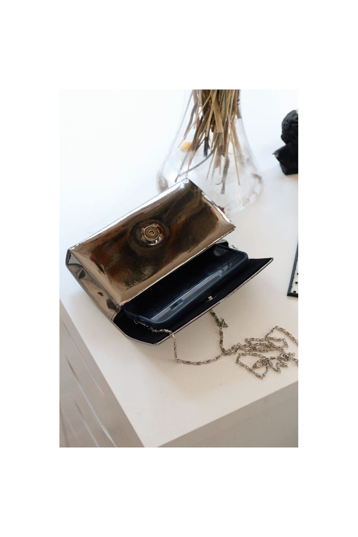 Platin Rugan Dikdörtgen Form Abiye Çanta