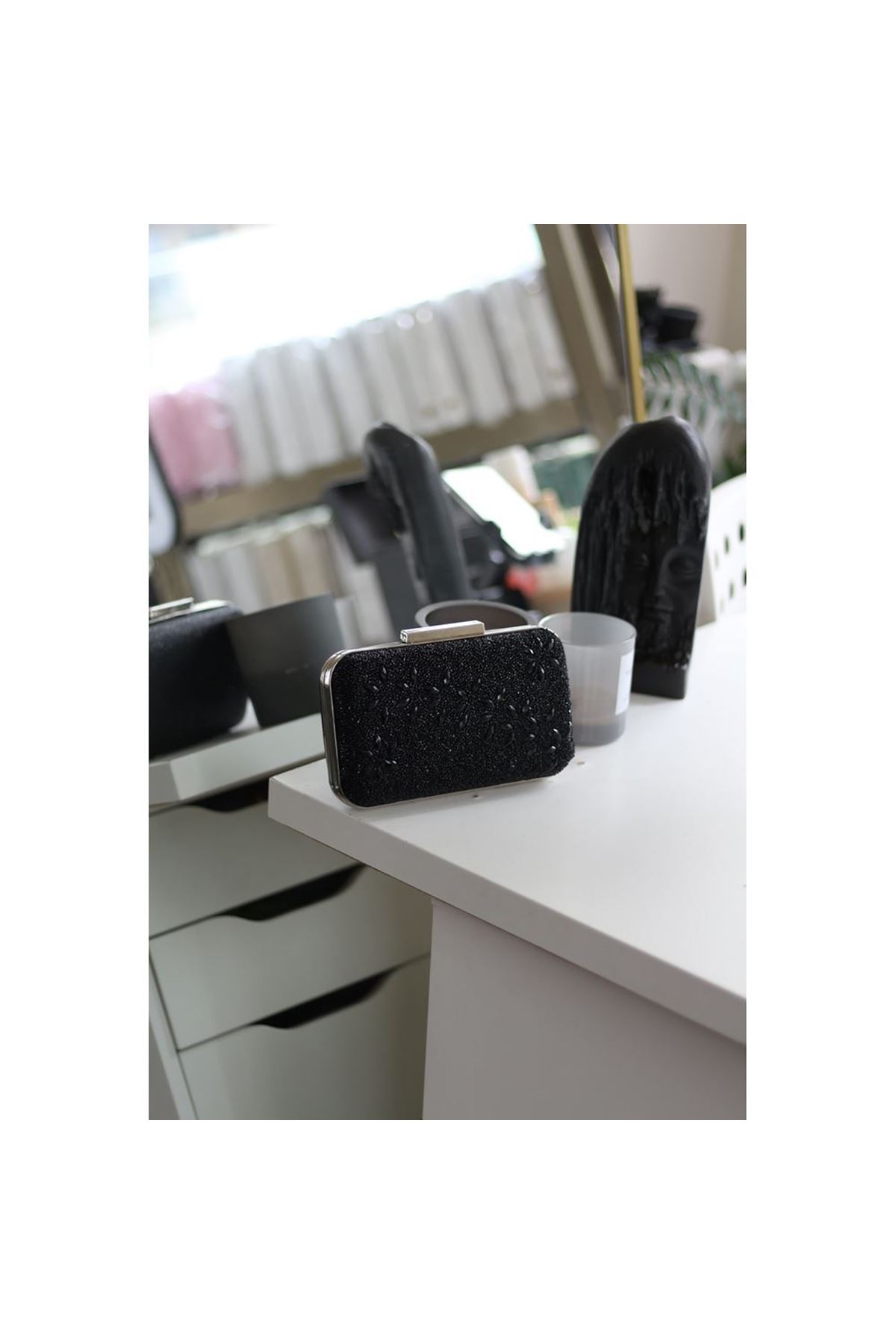 Kadın Siyah Taş İşleme Desenli Abiye Kasa  El Çantası