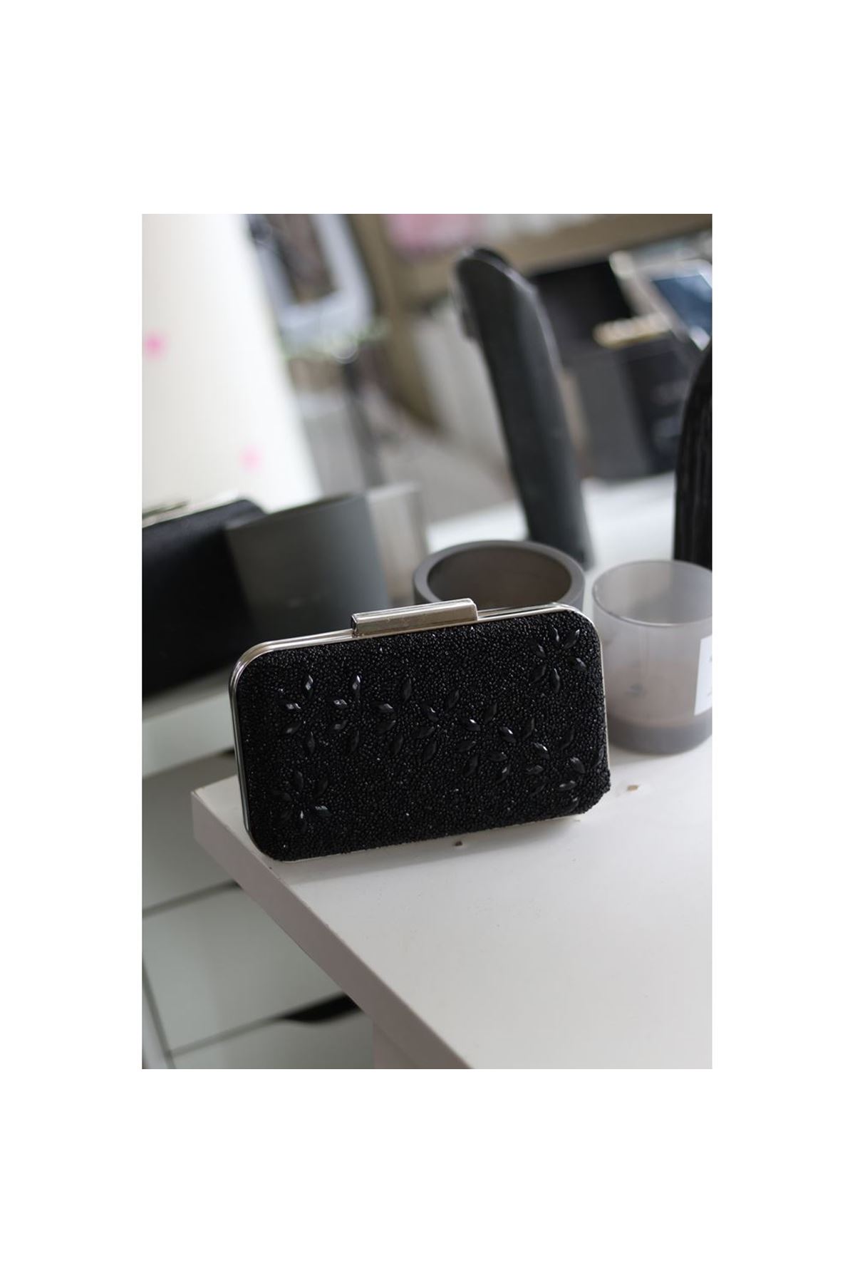 Kadın Siyah Taş İşleme Desenli Abiye Kasa  El Çantası